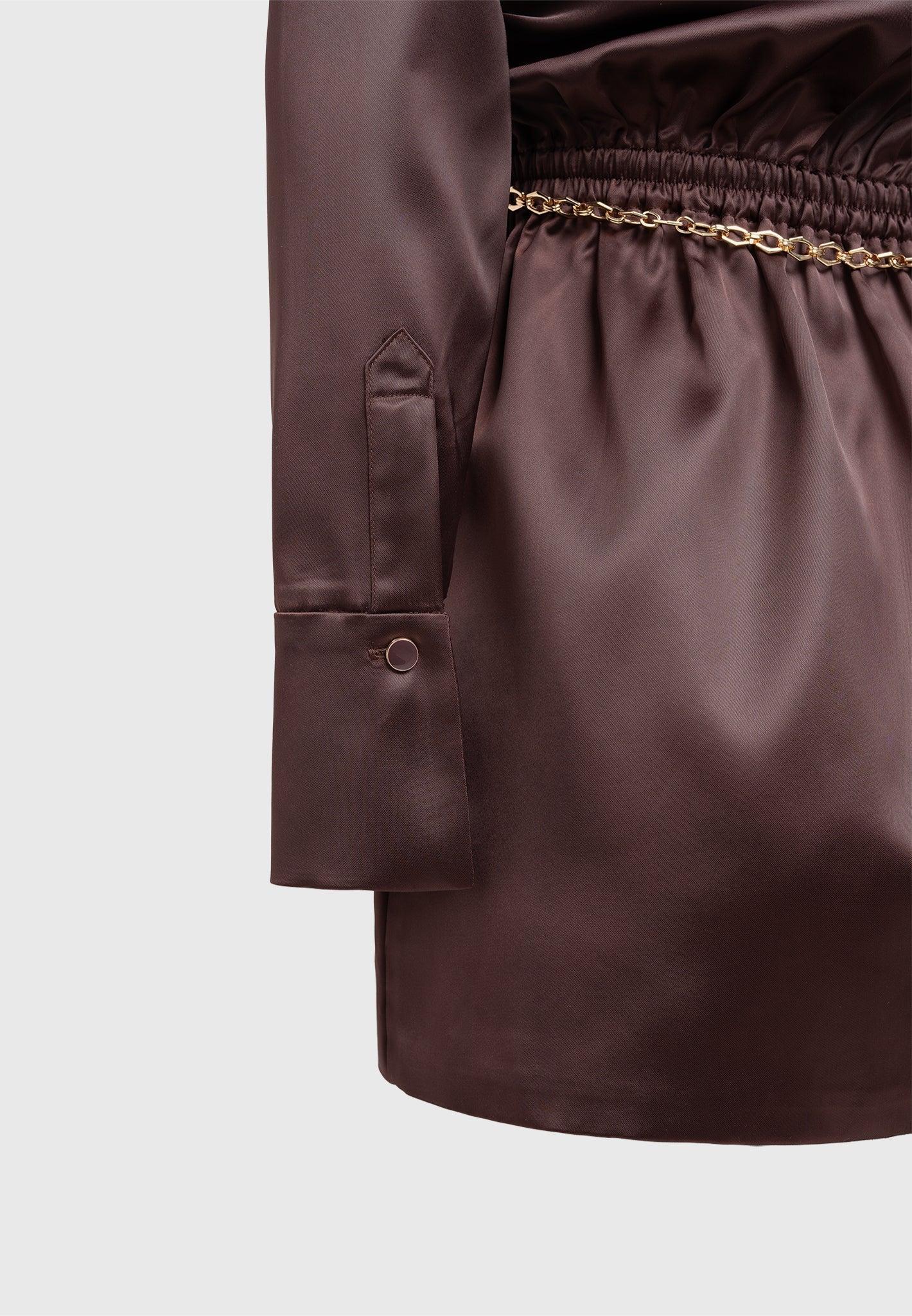 Off Shoulder Draped Satin Mini Dress with Belt - Brown Female Product Image