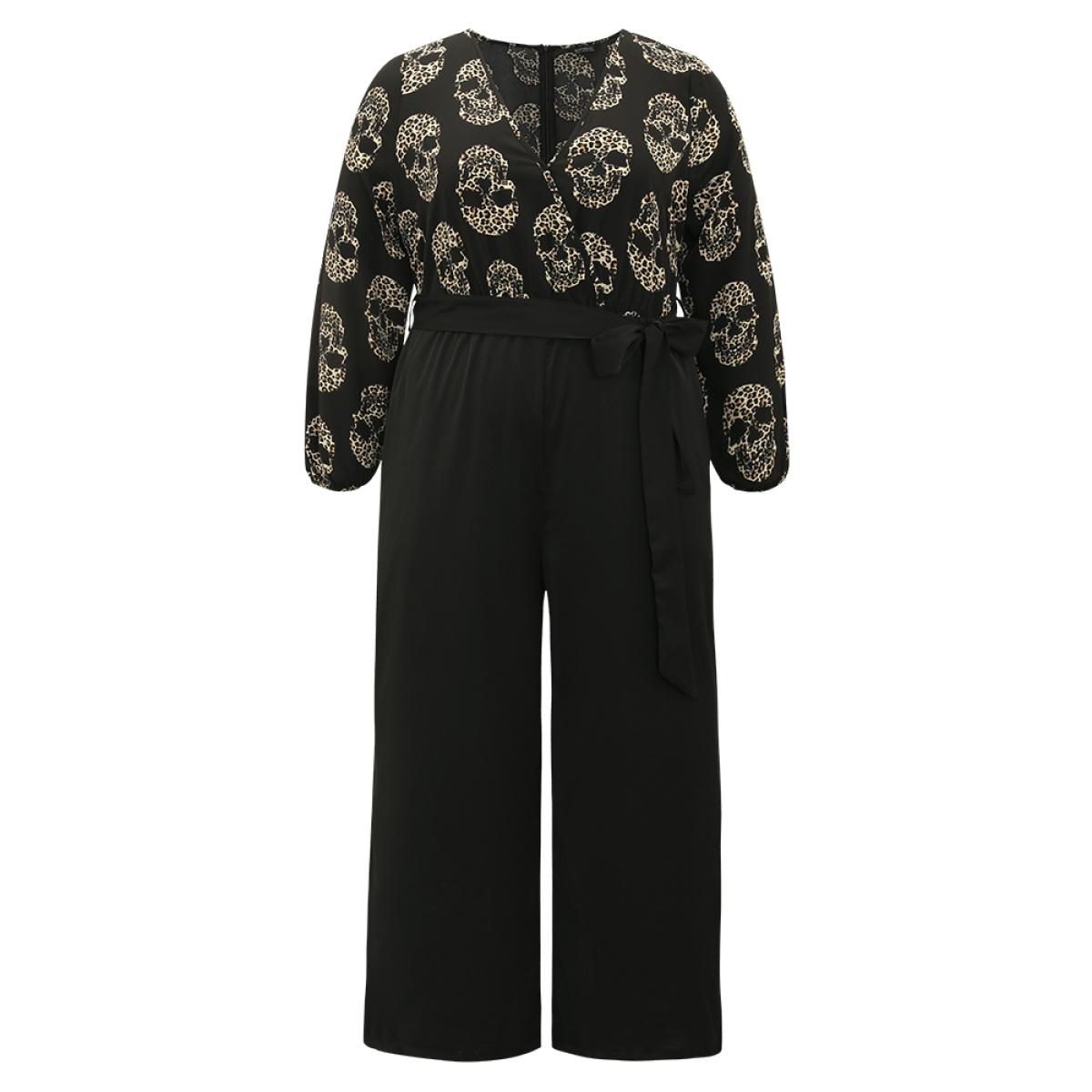 Plus Size BlackFlower Halloween Skull Print Pocket Elastic Waist Belted Jumpsuit Women Office Long Sleeve V-neck Festival-Halloween Loose Jumpsuits BloomChic 28/5X Product Image