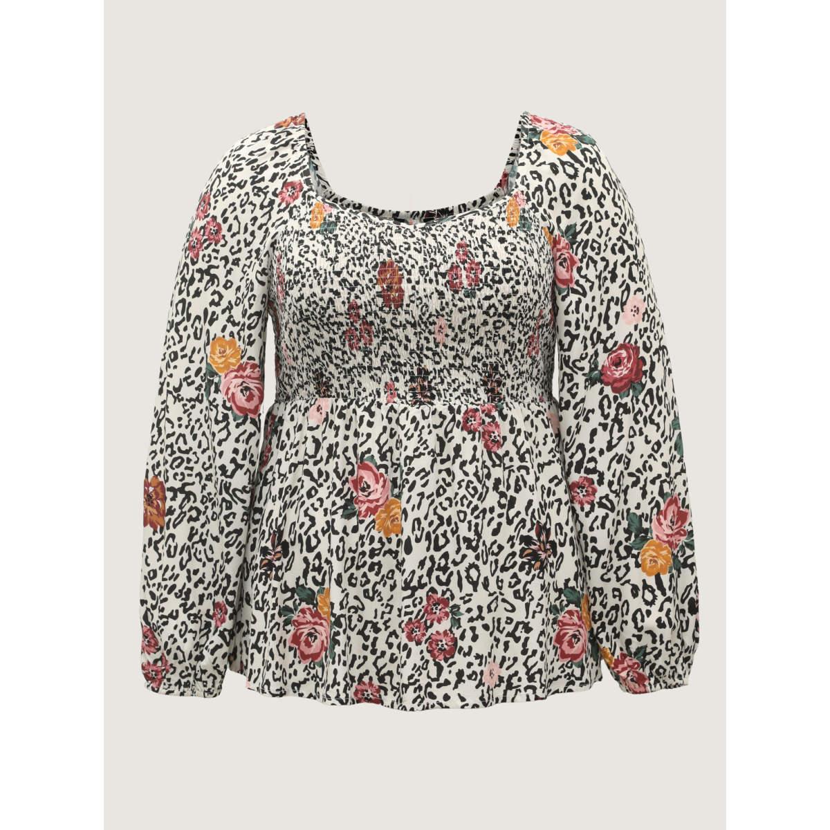 Plus Size Apricot Leopard Floral Print Shirred Blouse Women Romantic Sleeveless V-neck Elegant Blouses BloomChic 22-24/3X Product Image