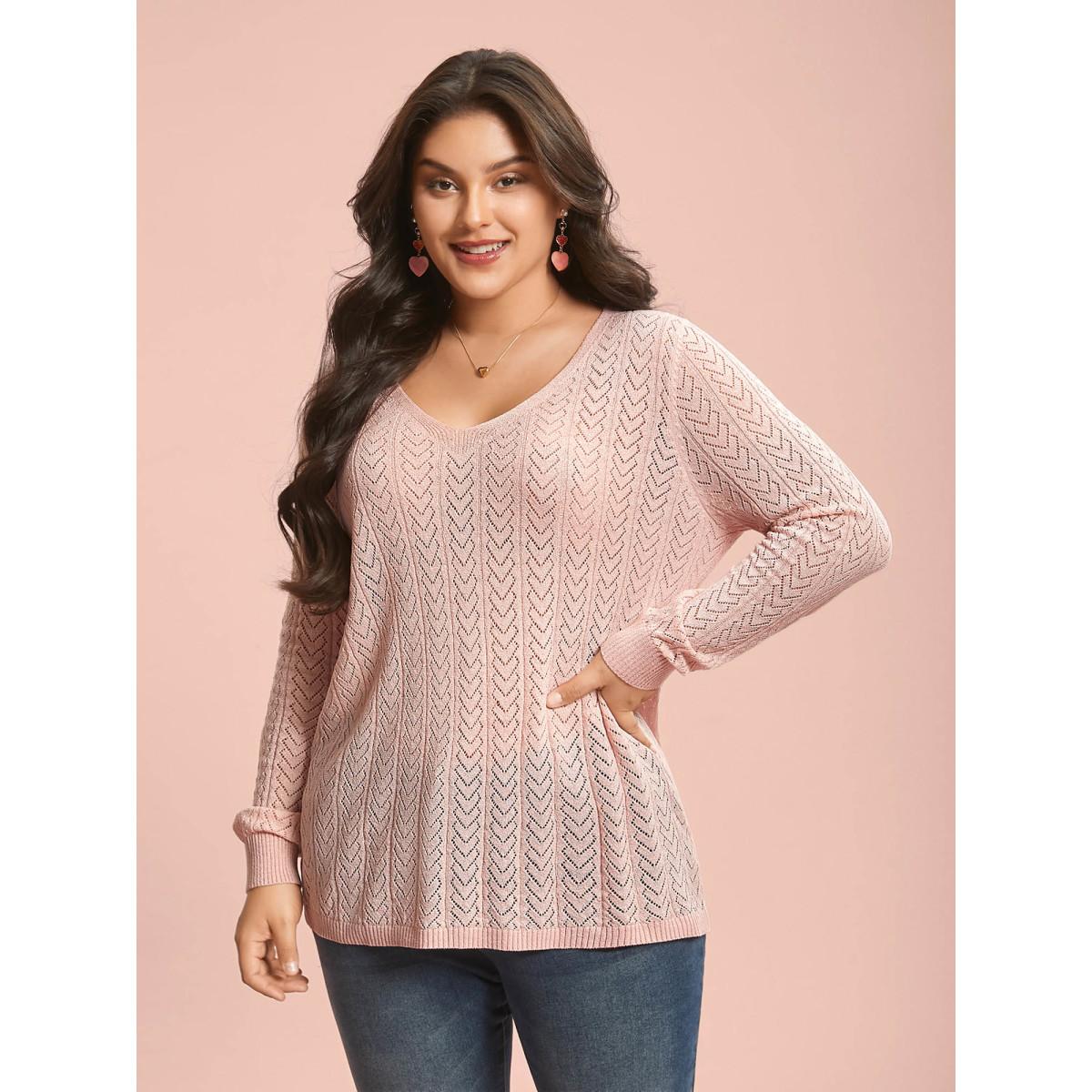 Plus Size Plain Hollow Out Romantic Textured Pullover Nudepink Women Casual Loose Long Sleeve V-neck Everyday Pullovers BloomChic 28/5X Product Image