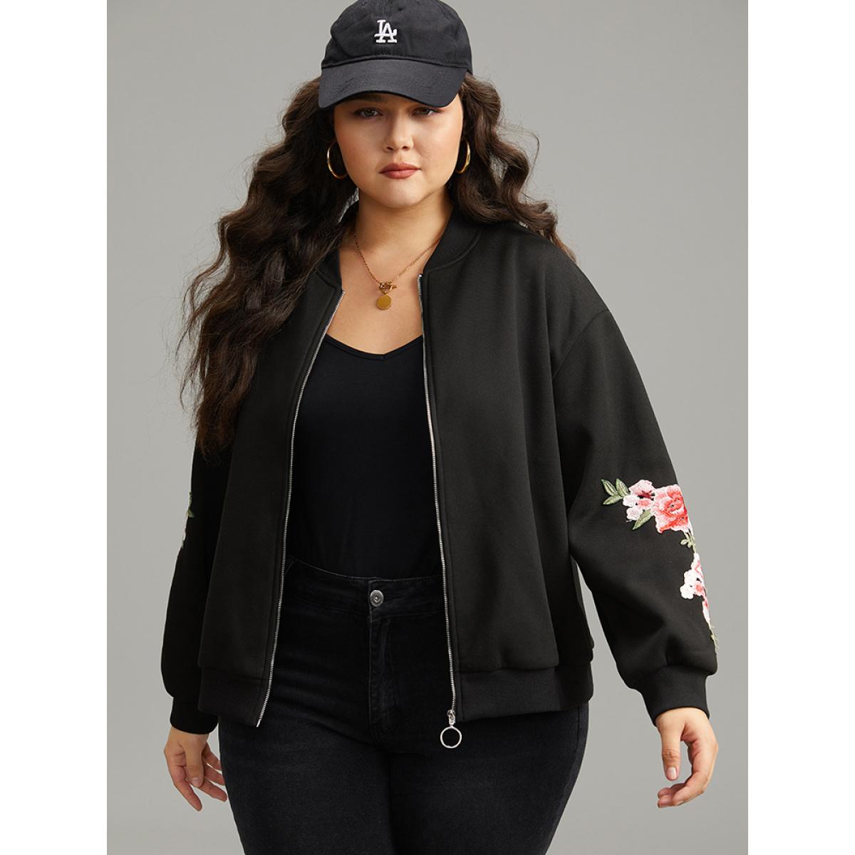 Plus Size Floral Embroidered O Ring Zipper Jacket Women Black Elastic cuffs Everyday Jackets BloomChic 26/4X Product Image
