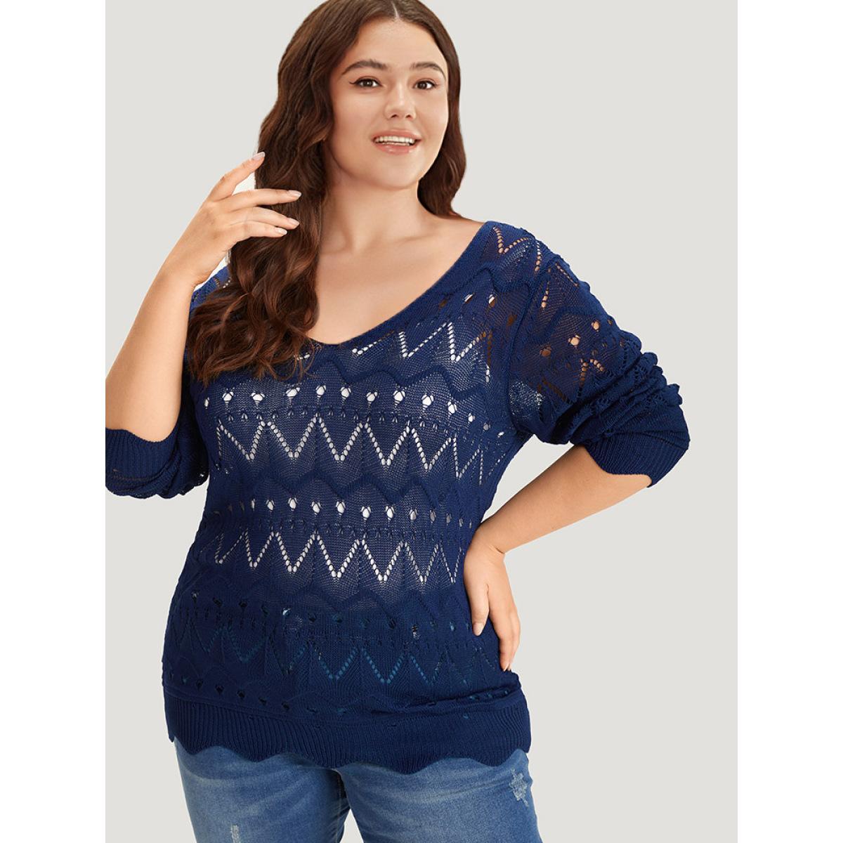 Plus Size Geometric Eyelet Scalloped Trim Drop Shoulder Pullover Indigo Women Casual Loose Long Sleeve Round Neck Dailywear Pullovers BloomChic 22-24/3X Product Image