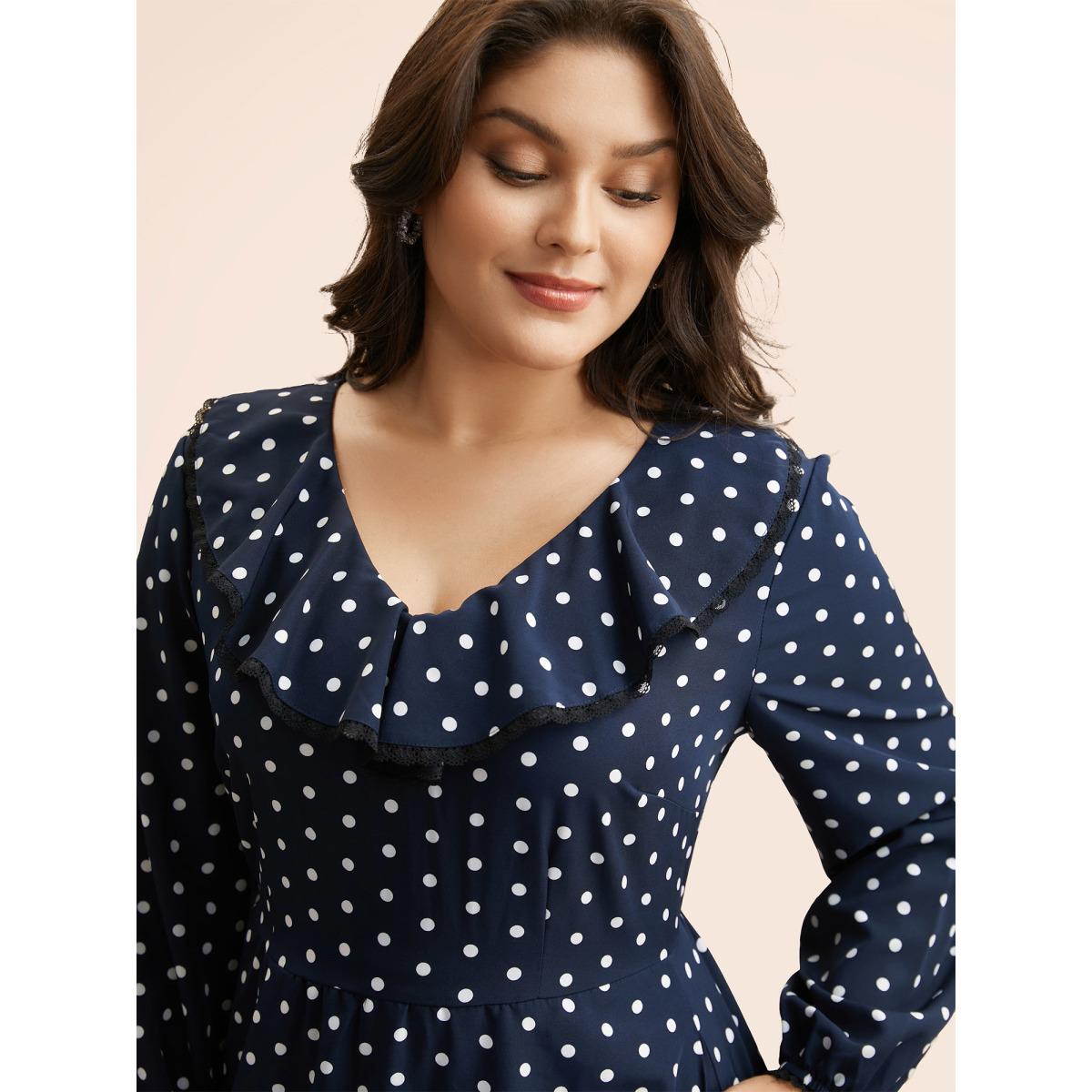 Plus Size Polka Dot Ruffle Trim Midi Dress DarkBlue Women Elegant Ruffles V-neck Long Sleeve Curvy BloomChic 18-20/2X Product Image