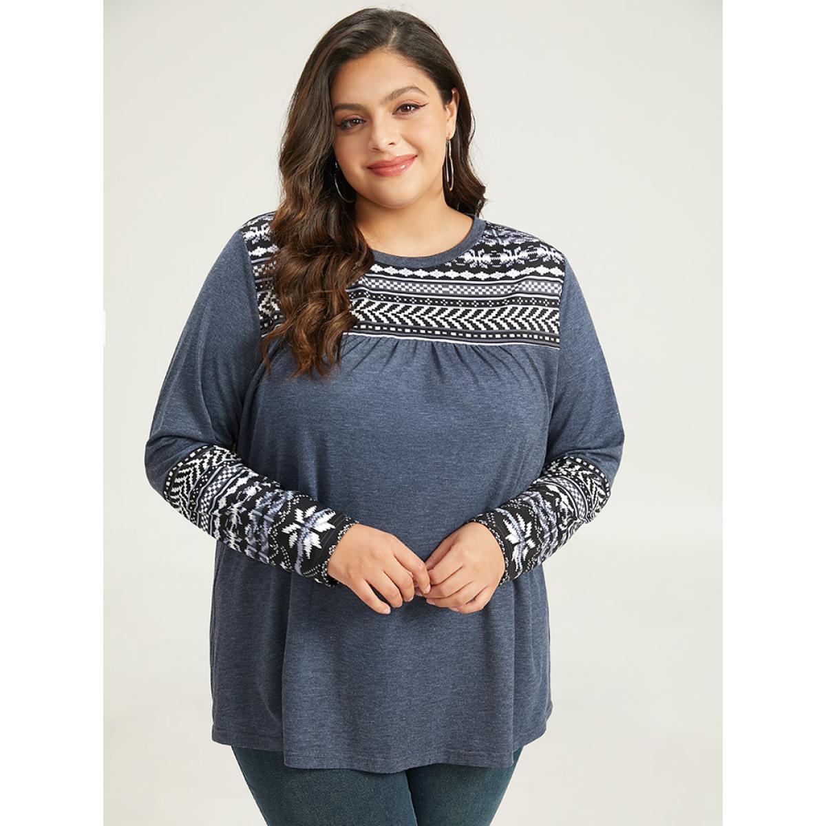 Plus Size Boho Print Round Neck Gathered T-shirt Blue Women Casual Patchwork Bohemian Print Round Neck Dailywear T-shirts BloomChic 30/6X Product Image