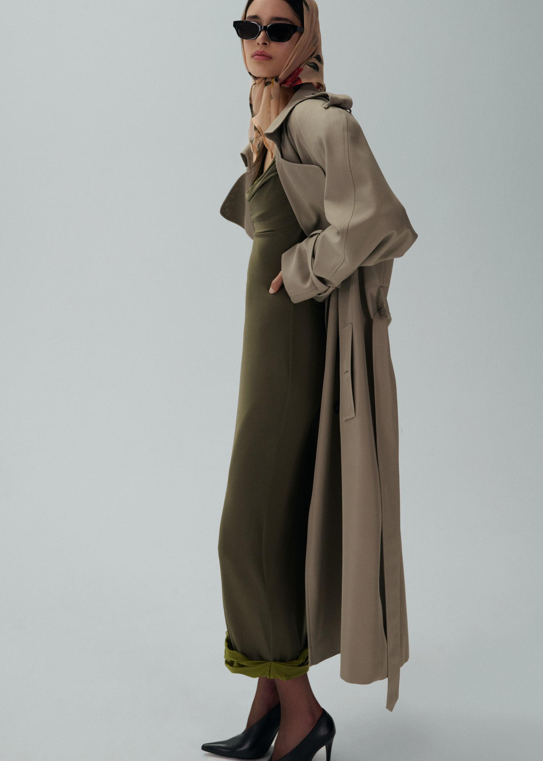 Relaxed silk trench coat in khaki Product Image