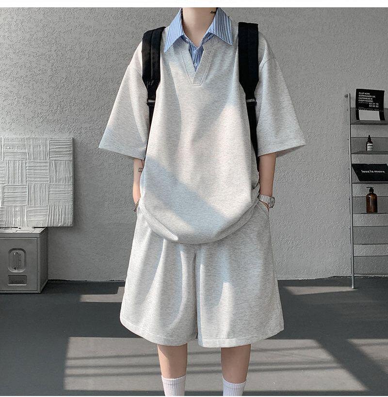 Set: Short Sleeve Collared Striped Mock Two Piece Top + Elastic Waist Plain Sweat Shorts Product Image