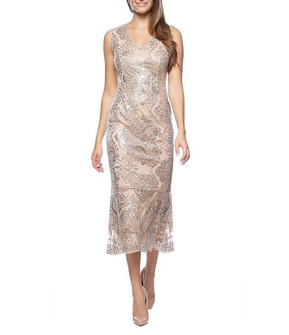 Marina Sleeveless V-Neck Sequin Lace Midi Dress Product Image