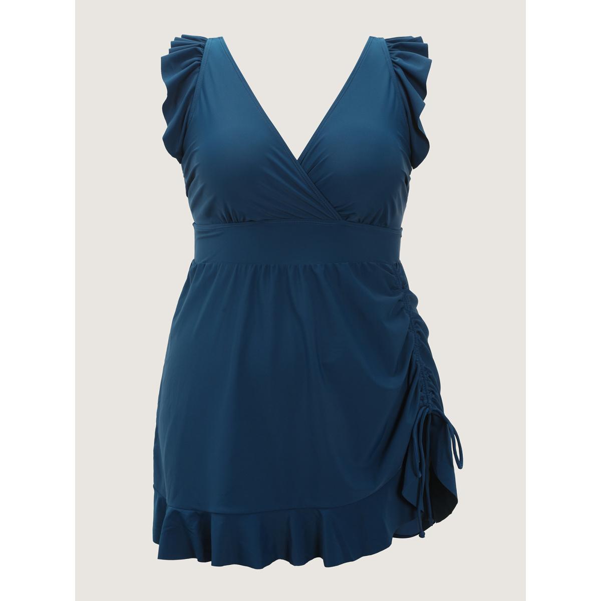 Plus Size Ruffled Hem Flutter Sleeve Drawstring Swim Dress Women's Swimwear Cyan Resort Bodycon Overlap Collar High stretch Curve Swim Dresses BloomChic 10/M Product Image
