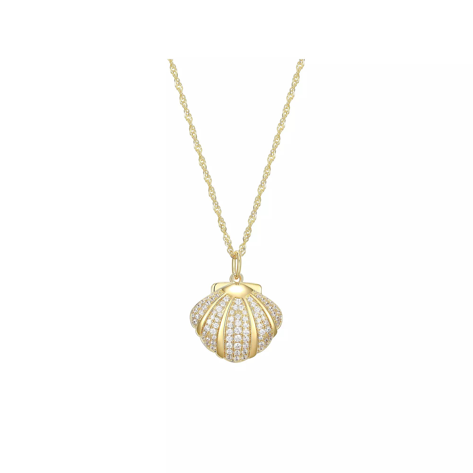 Dynasty Jade 18k Gold Over Sterling Silver Jade & Cubic Zirconia Clam Shell Pendant Necklace, Women's, Size: 18", Gold Tone Product Image