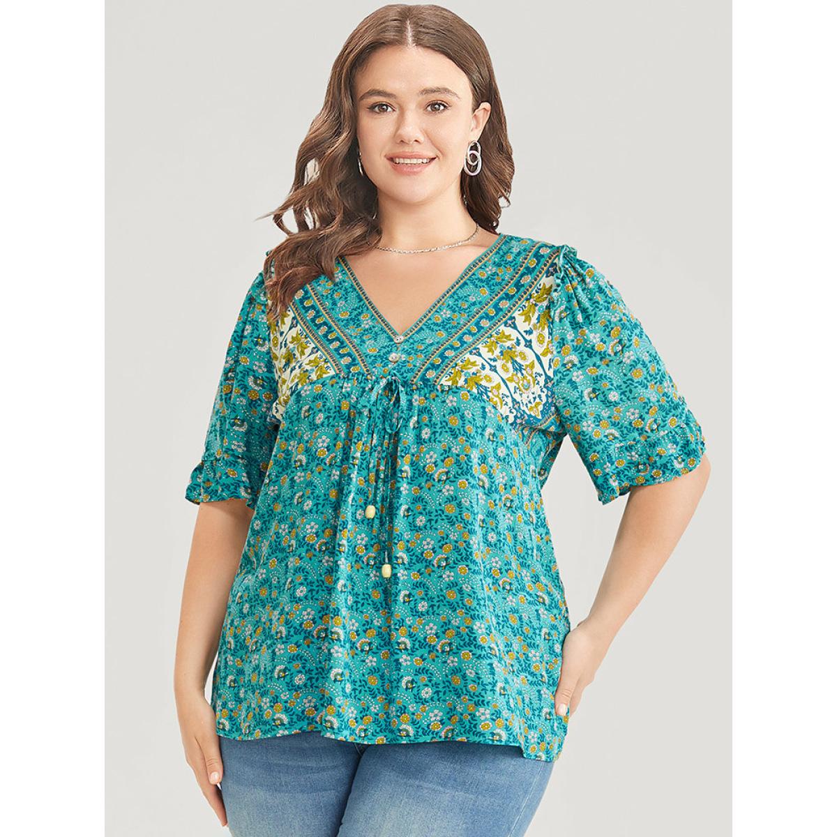 Plus Size Emerald Bandana Ruffle Trim Knot Front Button Detail Blouse Women Elegant Short sleeve V-neck Dailywear Blouses BloomChic 12/L Product Image