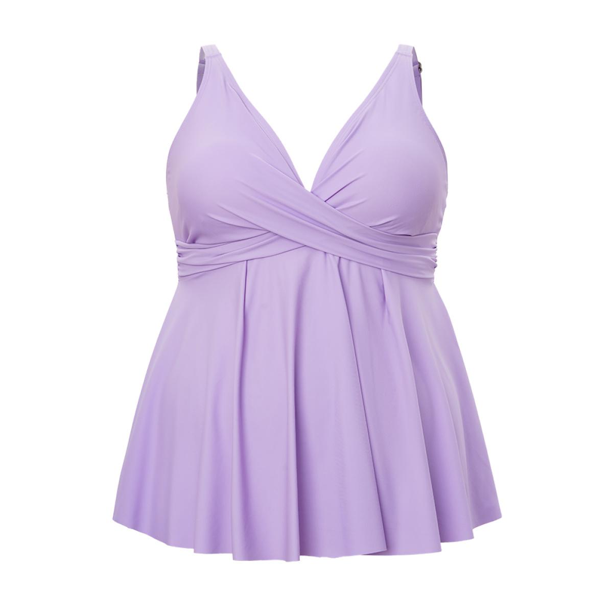 Plus Size Crossover Front A Line Adjustable Straps Tankini Top Women's Swimwear Lilac Vacation Adjustable Straps High stretch Bodycon Overlap Collar Curve Swim Tops BloomChic 14-16/1X Product Image