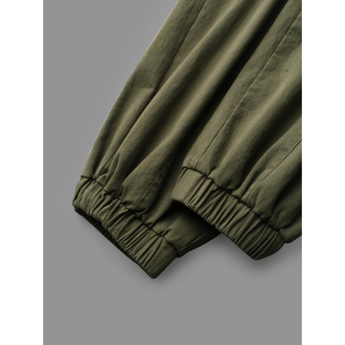 Plus Size Solid Drawstring Patch Pocket Carrot Pants Women ArmyGreen Casual Mid Rise Everyday Pants BloomChic 12/L Product Image