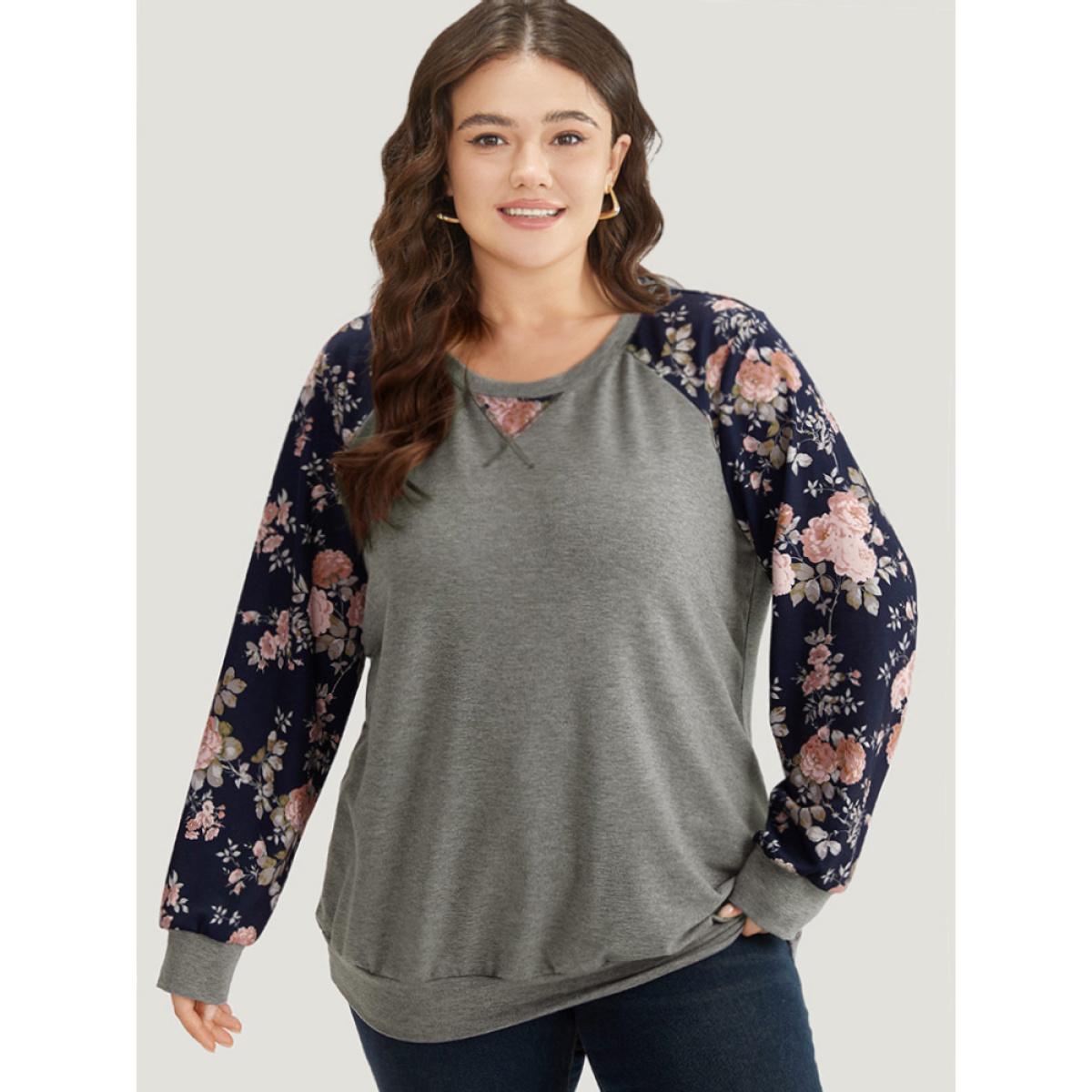 Plus Size Floral Patchwork Raglan Sleeve Sweatshirt Women Gray Elegant Contrast Round Neck Everyday Sweatshirts BloomChic 28/5X Product Image