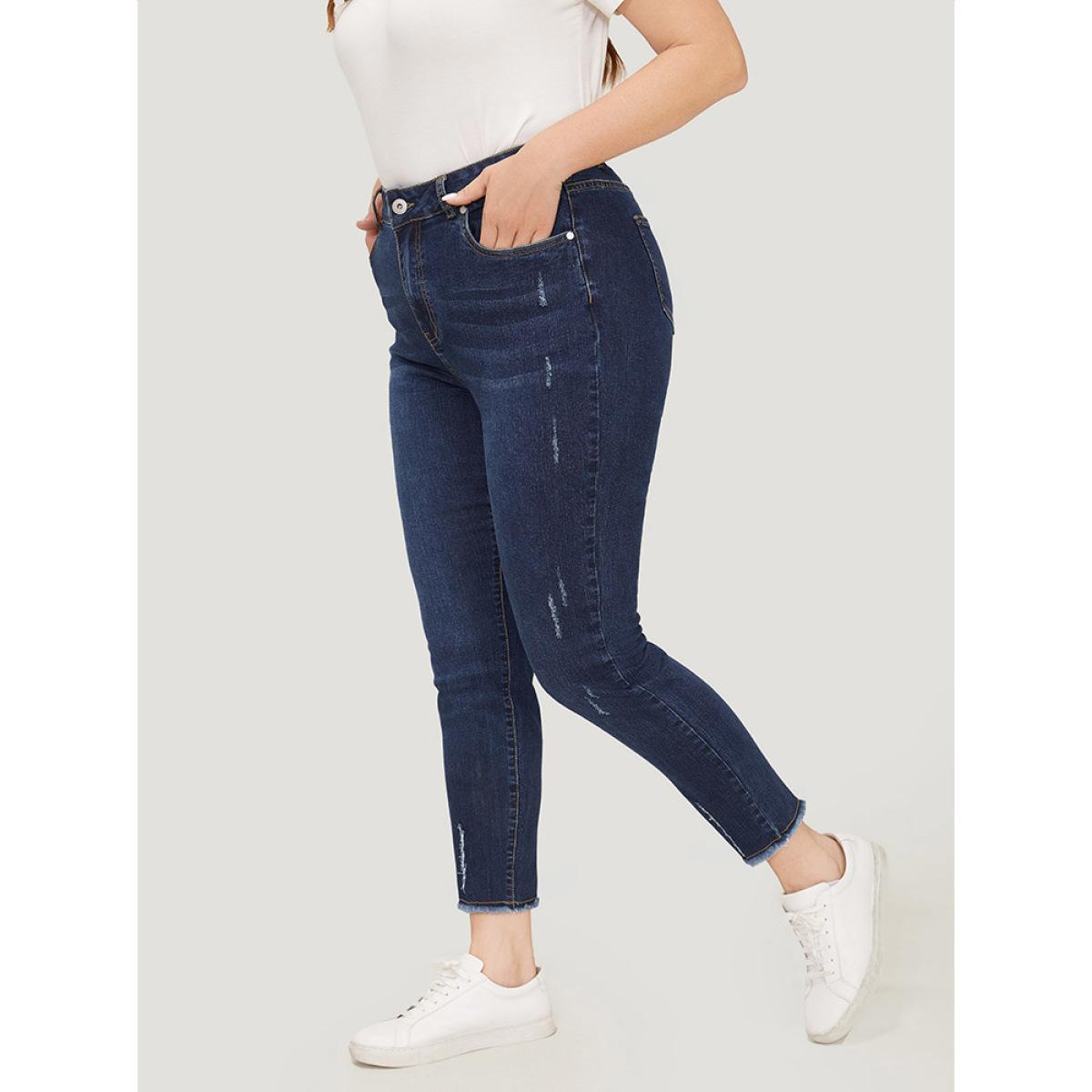 Plus Size Straight Leg Very Stretchy Raw Hem Jeans Women DarkBlue Casual Plain High stretch Pocket Jeans BloomChic 10/M Product Image