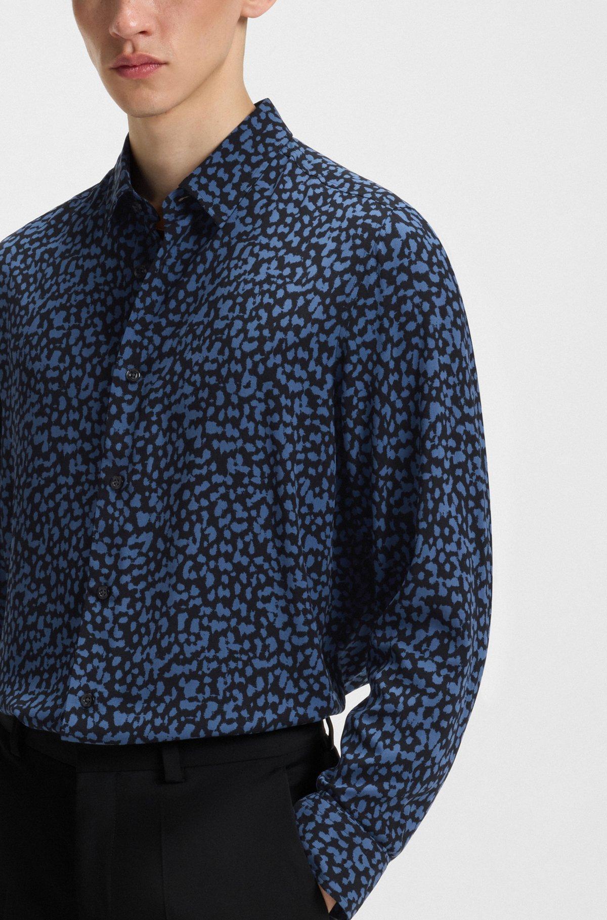 HUGO - Relaxed-fit shirt in abstract-print poplin - Blue Product Image