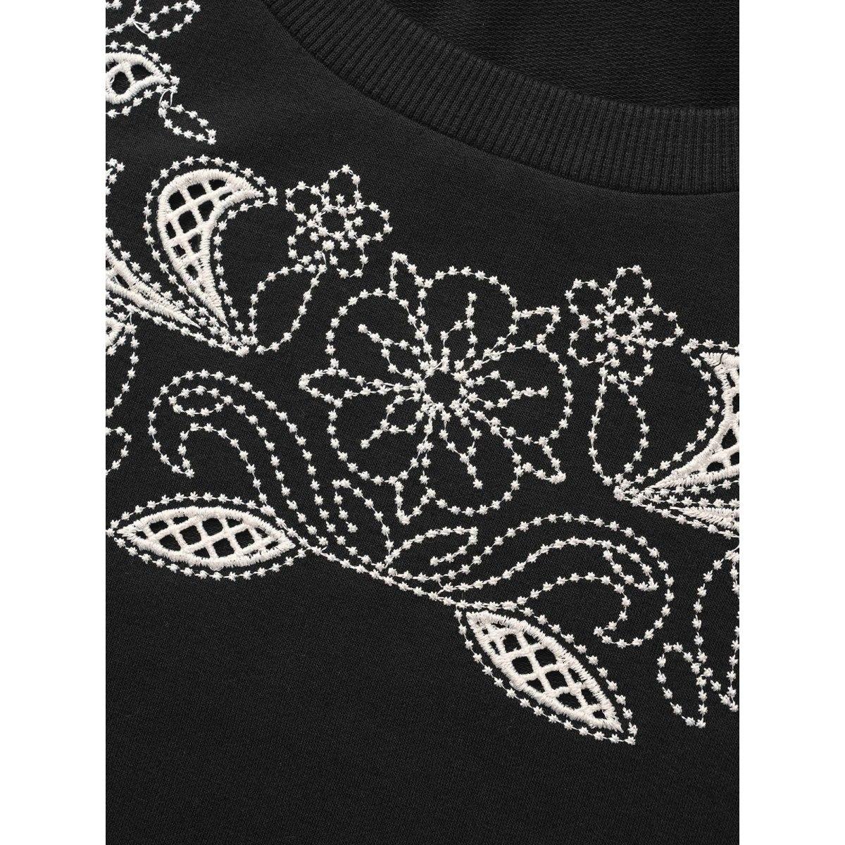 Plus Size Broderie Anglaise Round Neck Sweatshirt Women Black Elegant Broderie anglaise Round Neck Everyday Sweatshirts BloomChic 22-24/3X Product Image