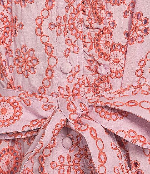 Abbey Glass Katie Button Down Collar Short Sleeve Eyelet Mini Shirt Dress Product Image