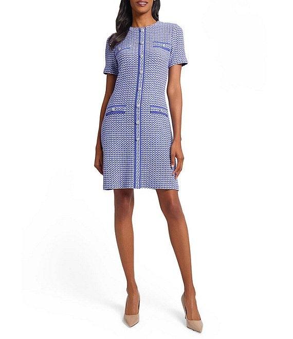 Ming Wang Honeycomb Tweed Knit Crew Neck Short Sleeve Sheath Dress Product Image