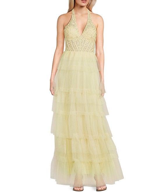 Blondie Nites Mesh Beaded Applique Halter Neck Tiered Gown Product Image
