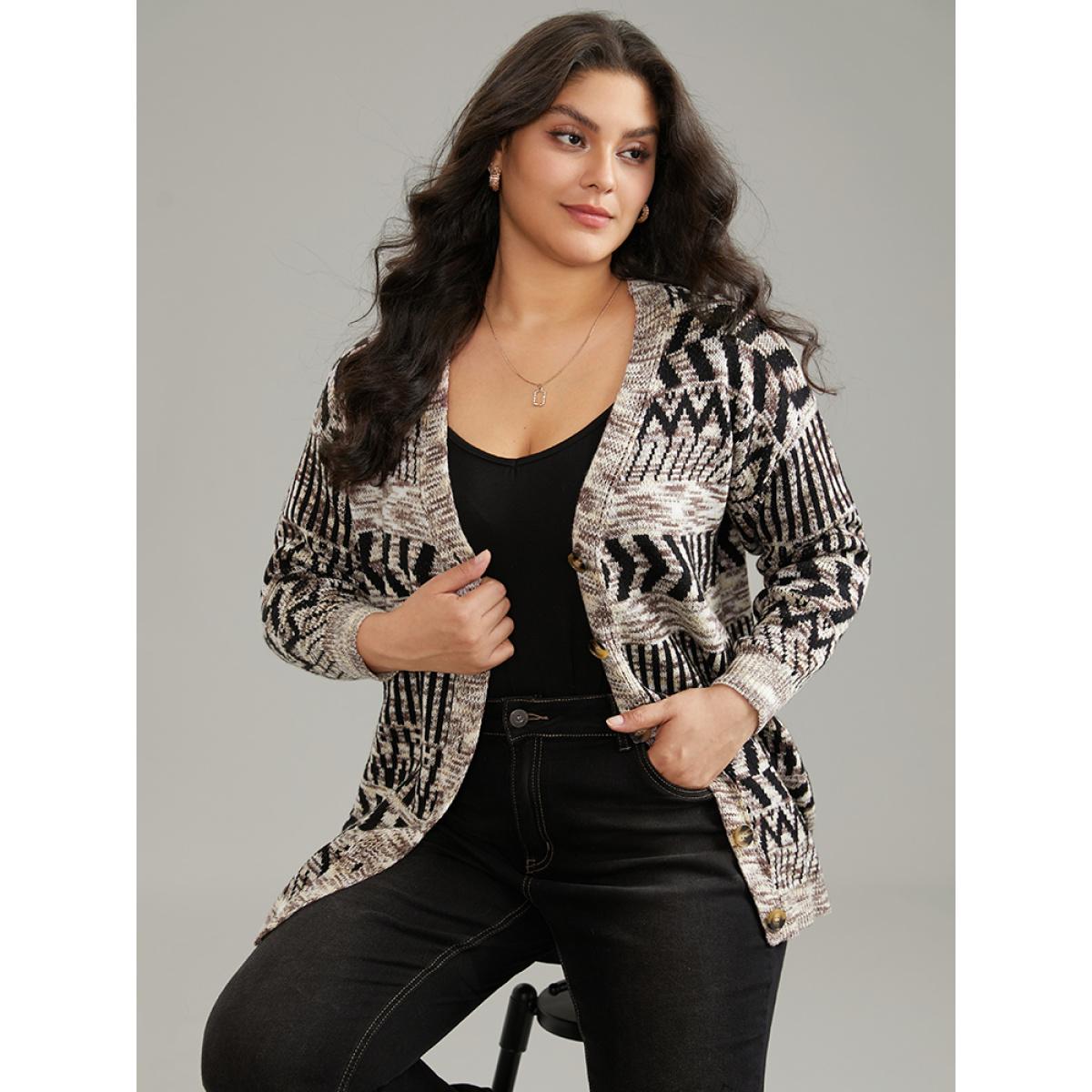 Plus Size Geometric Heather Button Up Elastic Cuffs Cardigan DarkBrown Women Casual Loose Long Sleeve Dailywear Cardigans BloomChic 22-24/3X Product Image
