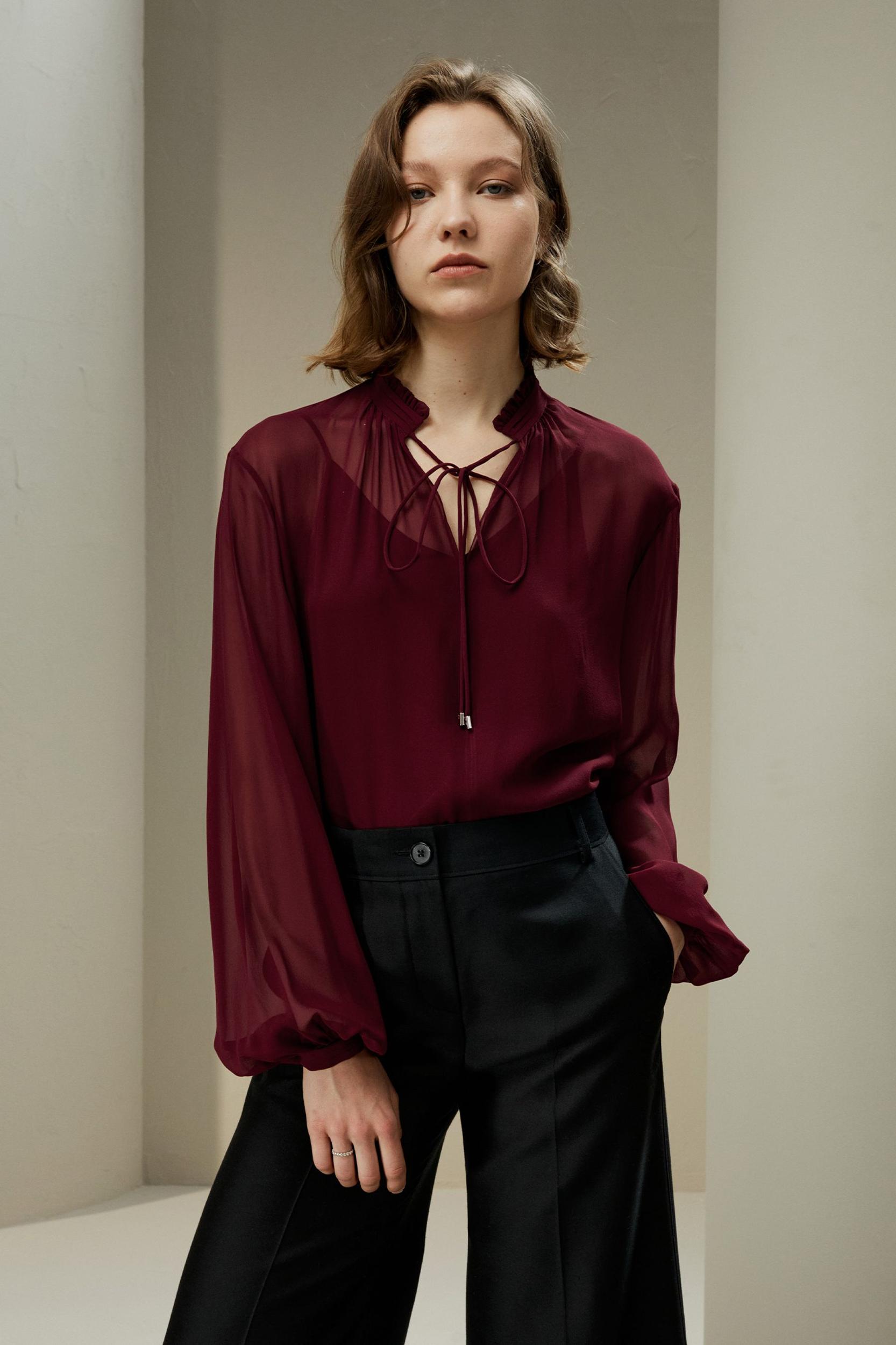 Tie Front Drawstring Georgette Blouse Product Image