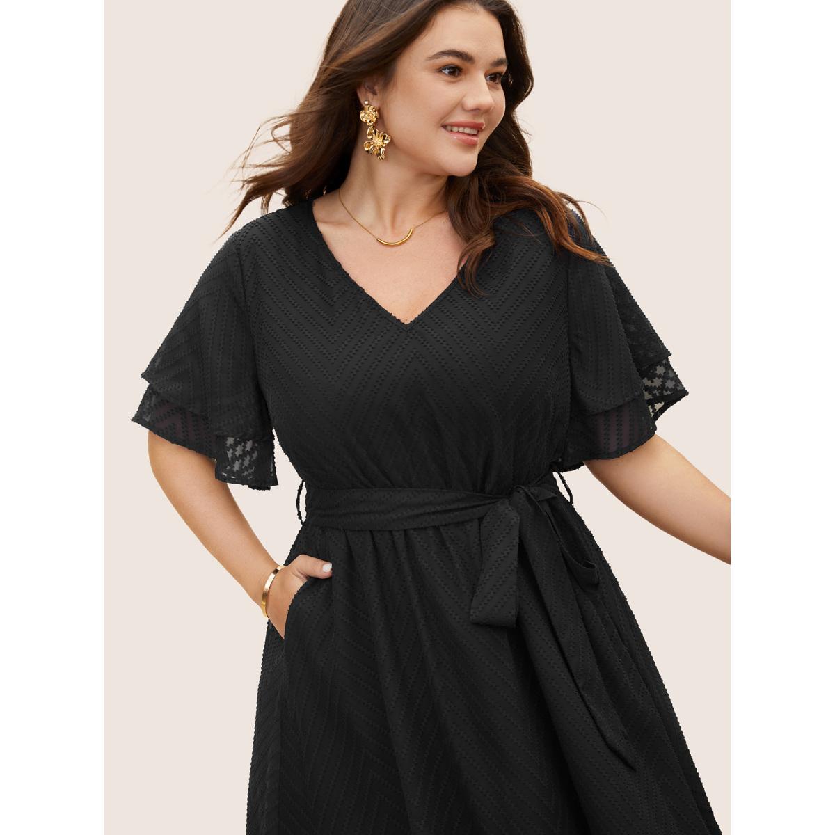 Plus Size Texture Tiered Ruffle Sleeve See Through Dress Black Women Elegant Texture V-neck Half Sleeve Curvy BloomChic 14-16/1X Product Image