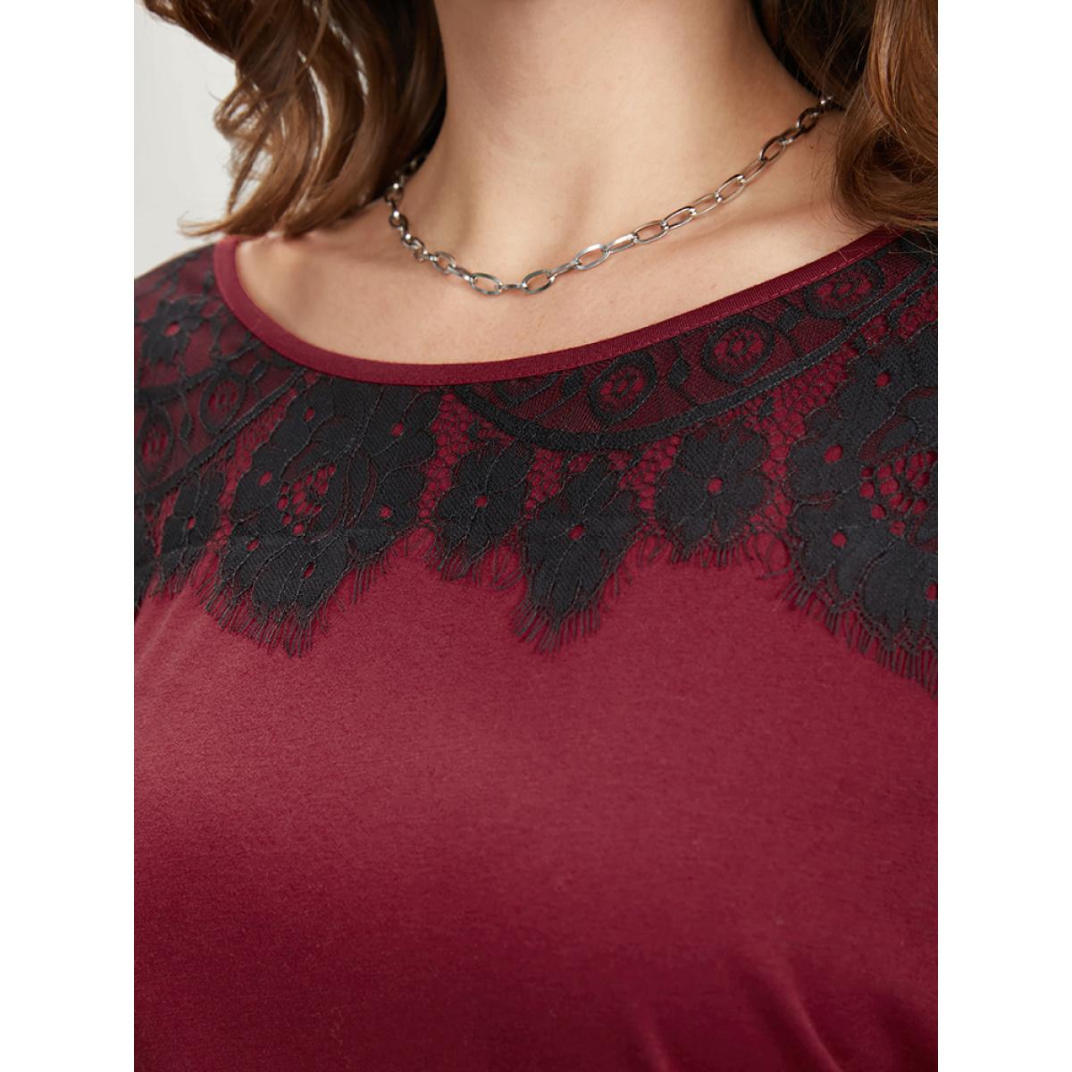 Plus Size Solid Round Neck Contrast Lace Long Tee Red Women Elegant Lace Plain Round Neck Dailywear T-shirts BloomChic 14-16/1X Product Image