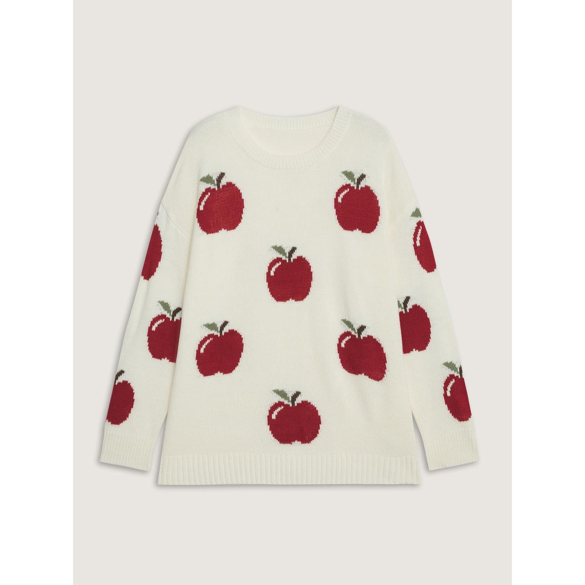 Plus Size Sweet Apple Print Jacquard Print Pullover Ivory Women Playful Loose Long Sleeve Round Neck Casual Pullovers BloomChic 28/5X Product Image