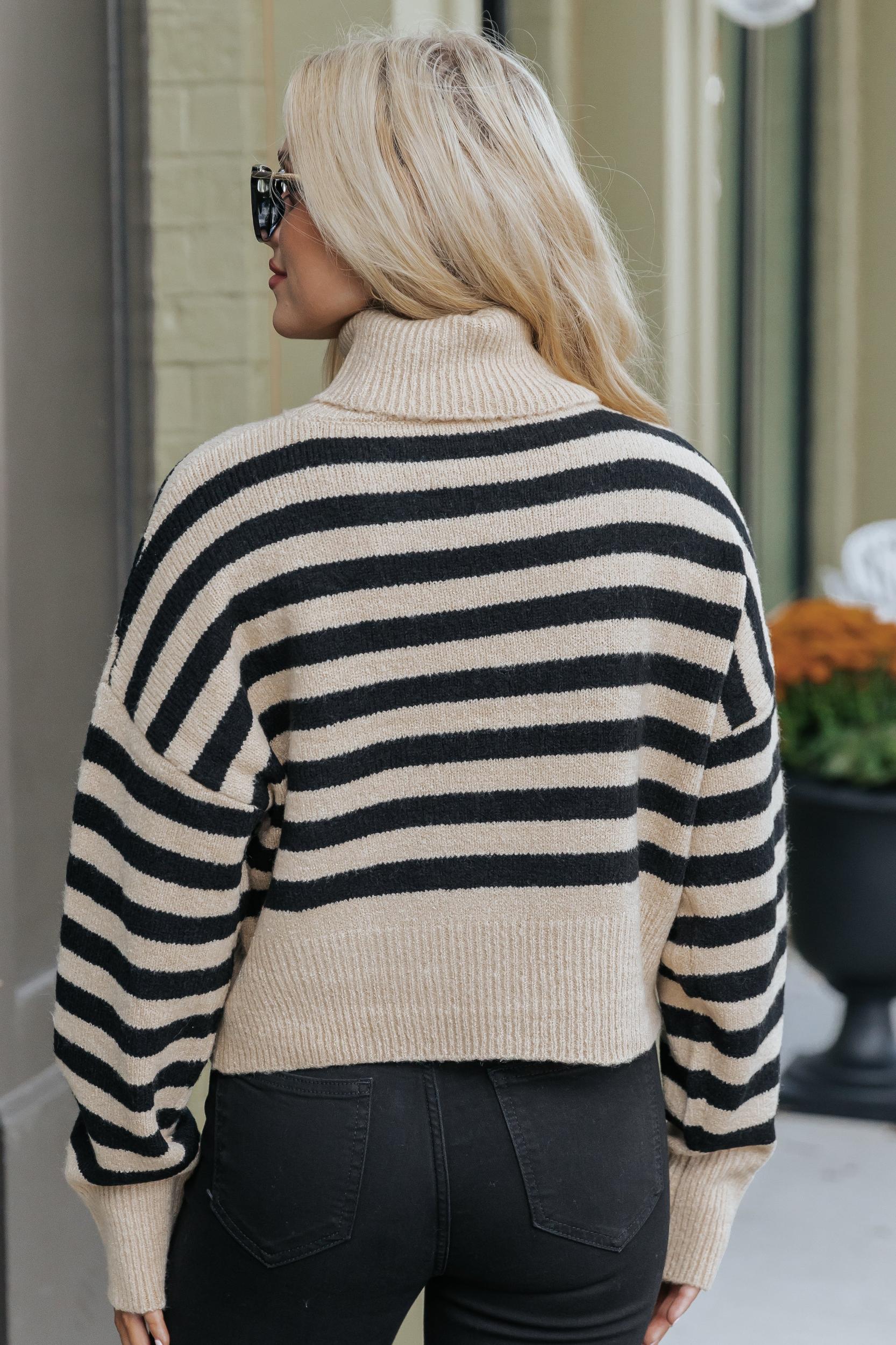 Beige and Black Striped Turtleneck Sweater-FINAL SALE Female Product Image