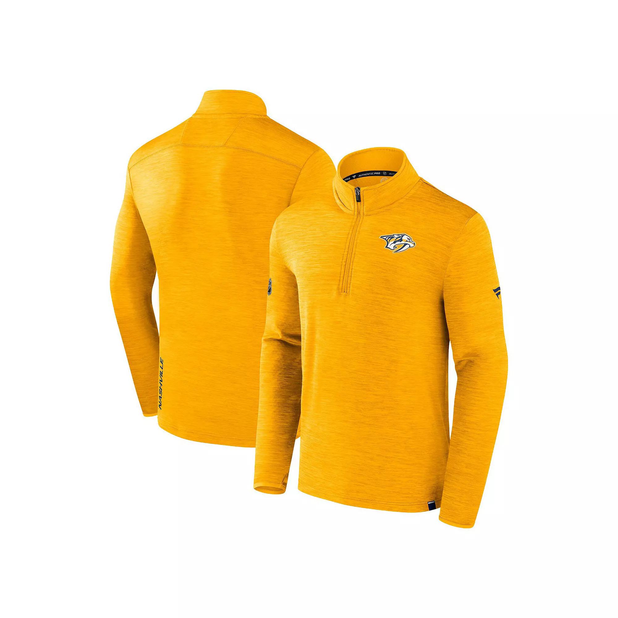 Men's Fanatics Heather Gold Nashville Predators Authentic Pro Quarter-Zip Top, Size: Small, Pdt Gold Product Image