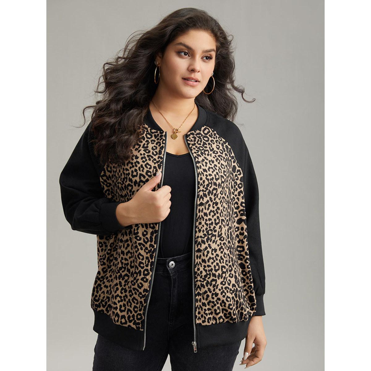 Plus Size Leopard Print Pocket Zipper Bomber Jacket Women Black Contrast Pocket Dailywear Jackets BloomChic 22-24/3X Product Image