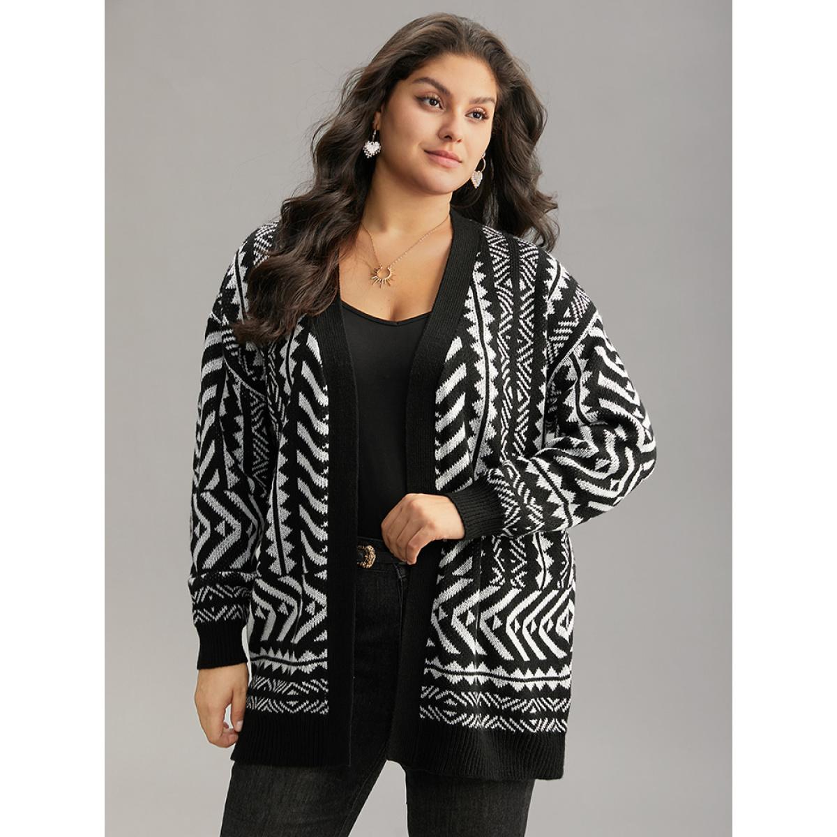 Plus Size Bandana Print Open Front Loose Cardigan Black Women Casual Loose Long Sleeve Dailywear Cardigans BloomChic 26/4X Product Image