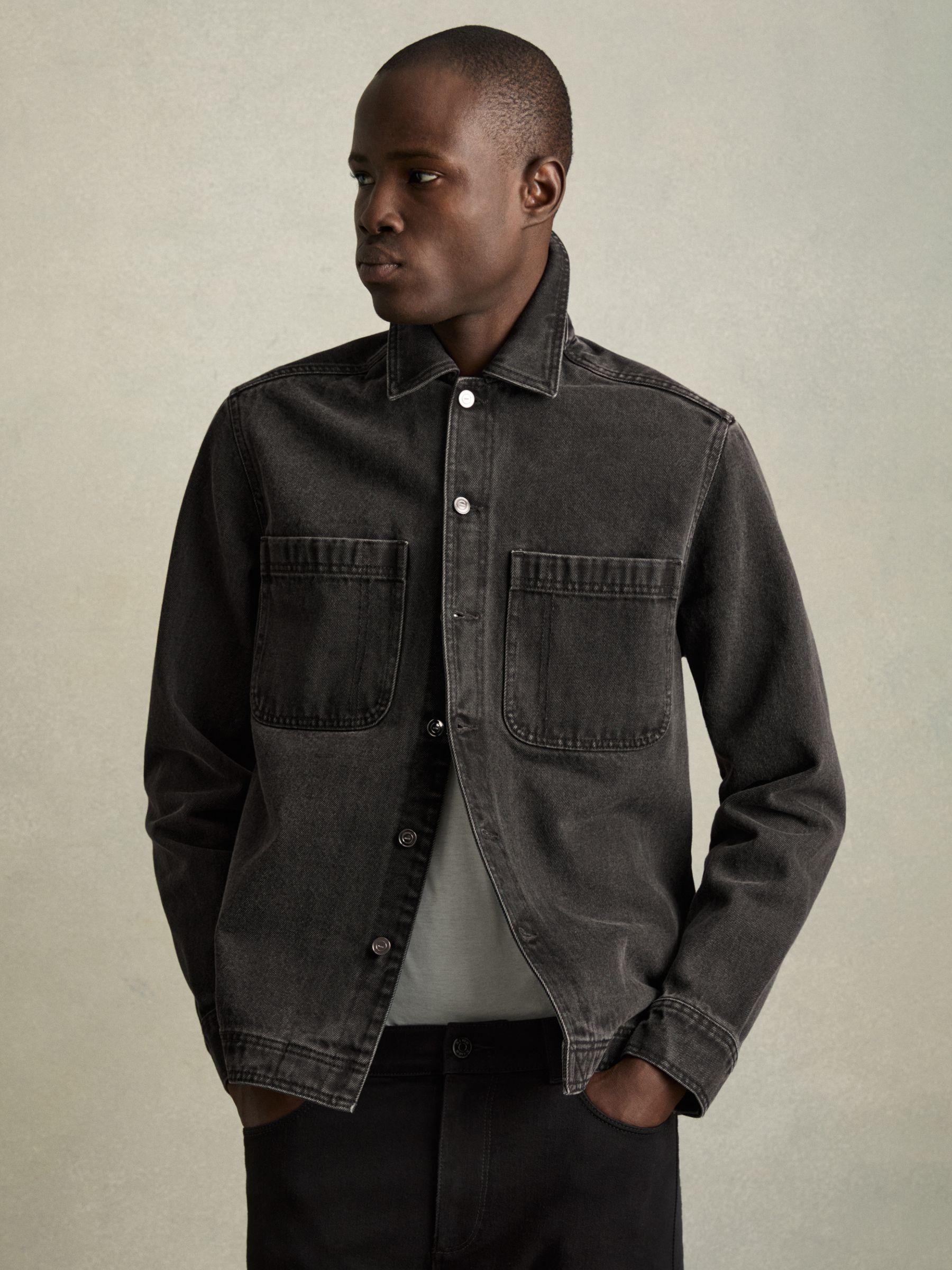 Cotton-Denim Button-Through Overshirt in Washed Black Product Image