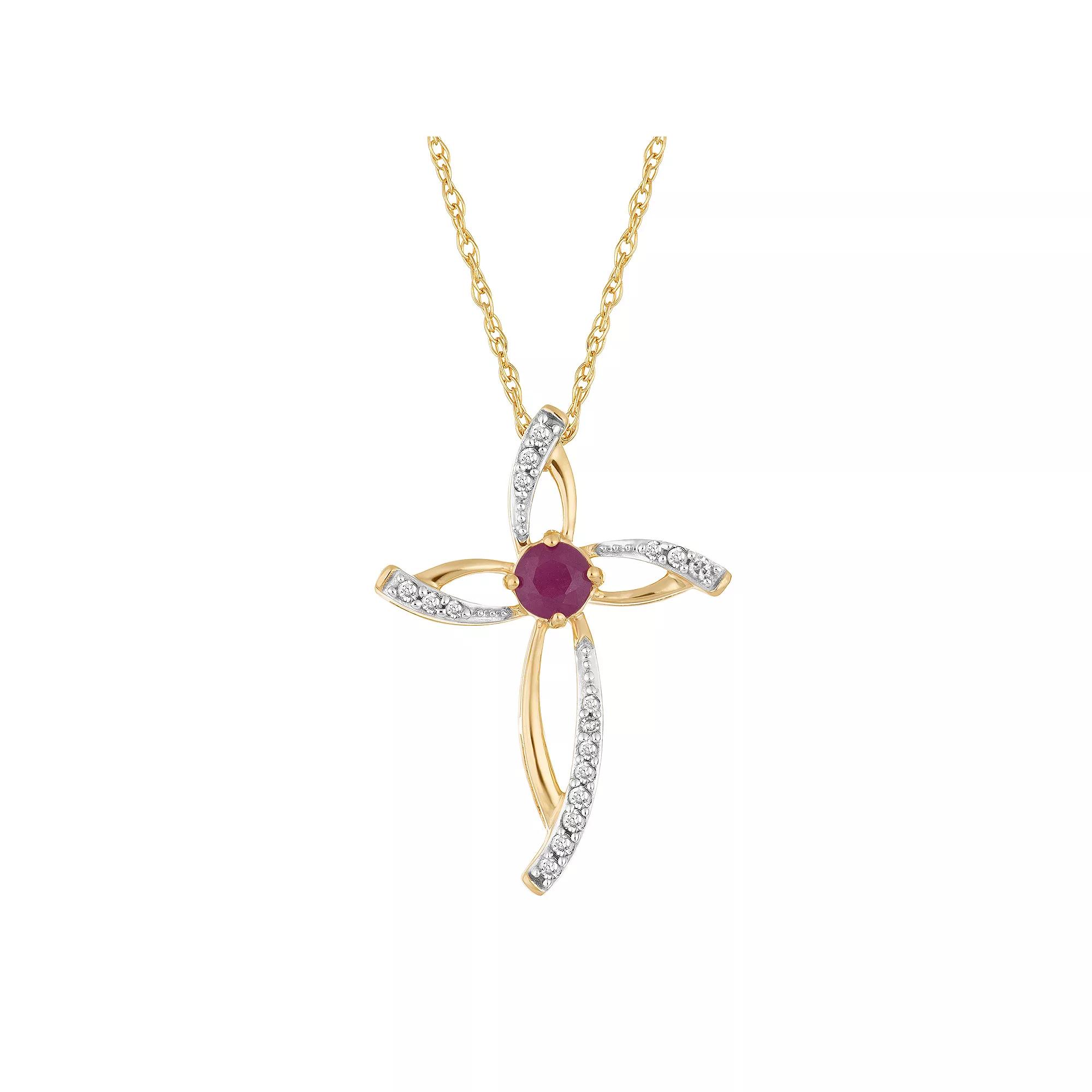 10k Gold Ruby & 1/10 Carat T.W. Diamond Cross Pendant Necklace, Women's, Size: 18" Product Image