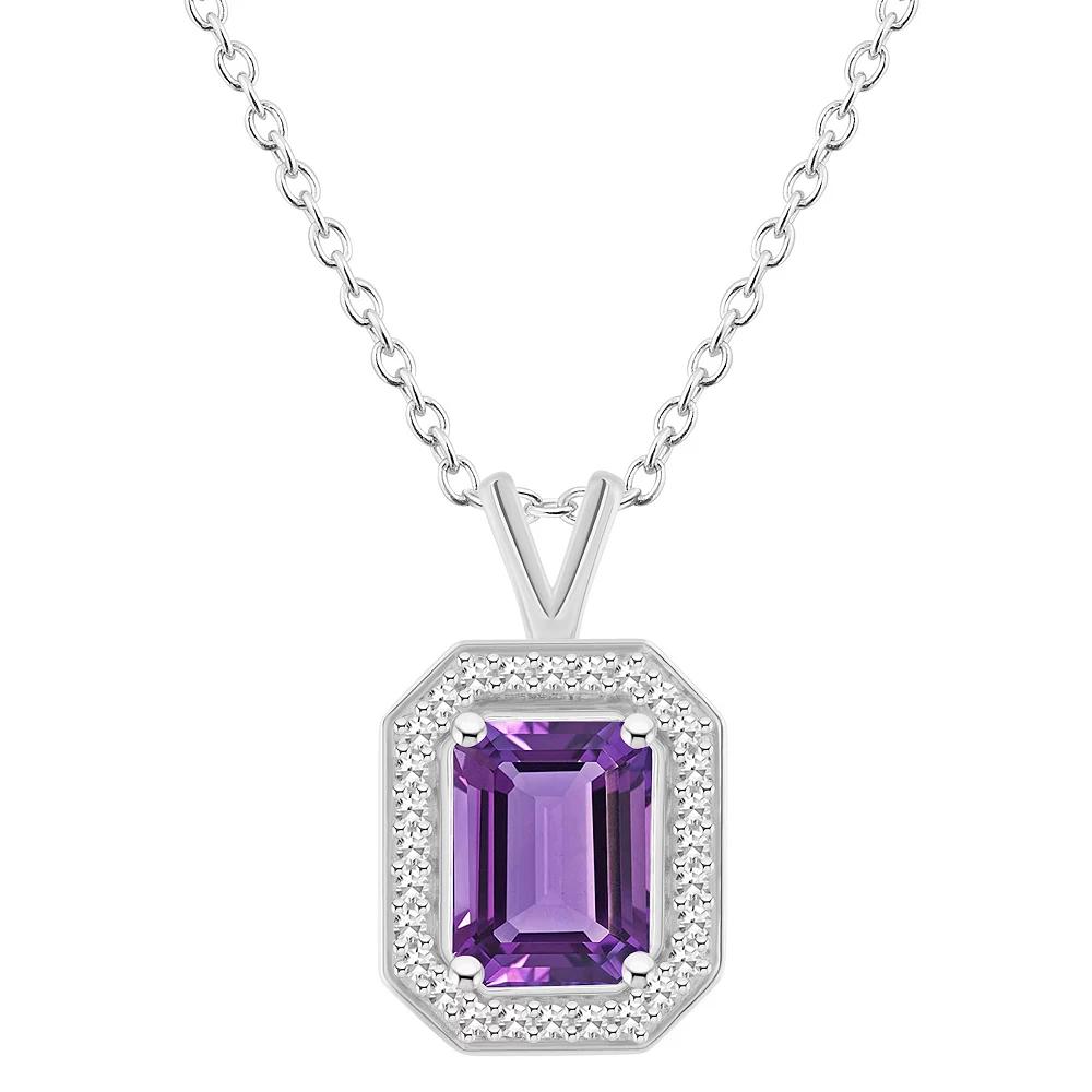 Celebration Gems Sterling Silver Emerald Cut Gemstone & 1/8 Carat T.W. Diamond Halo Pendant Necklace, Women's, Size: 18", Purple Product Image