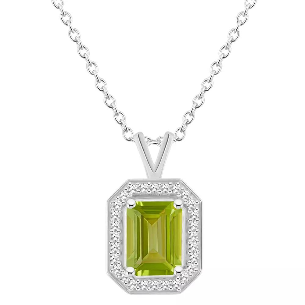 Celebration Gems Sterling Silver Emerald Cut Gemstone & 1/8 Carat T.W. Diamond Halo Pendant Necklace, Women's,  Product Image