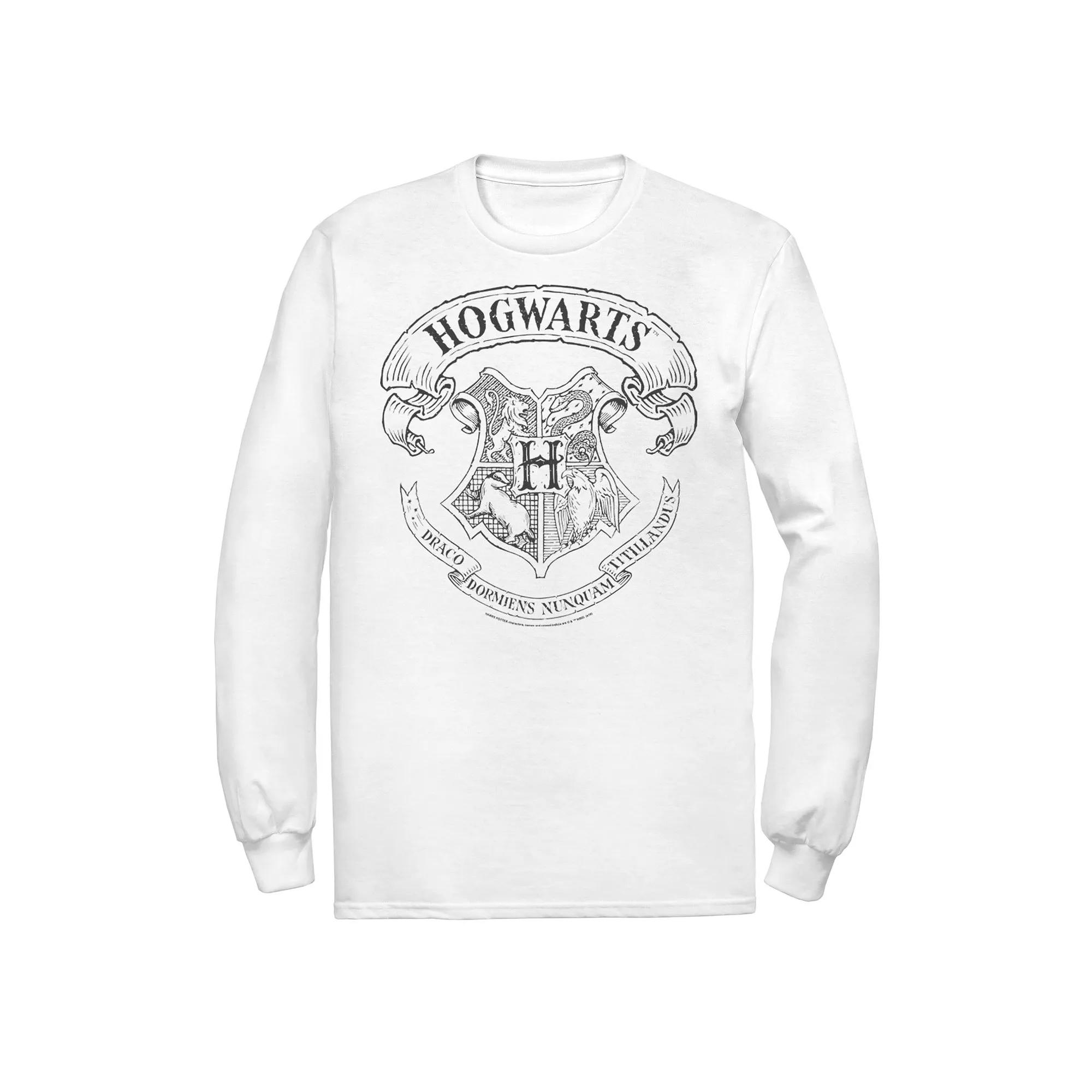 Men's Harry Potter Simple Hogwarts Crest Outline Long Sleeve Graphic Tee, Size: Medium, White Product Image