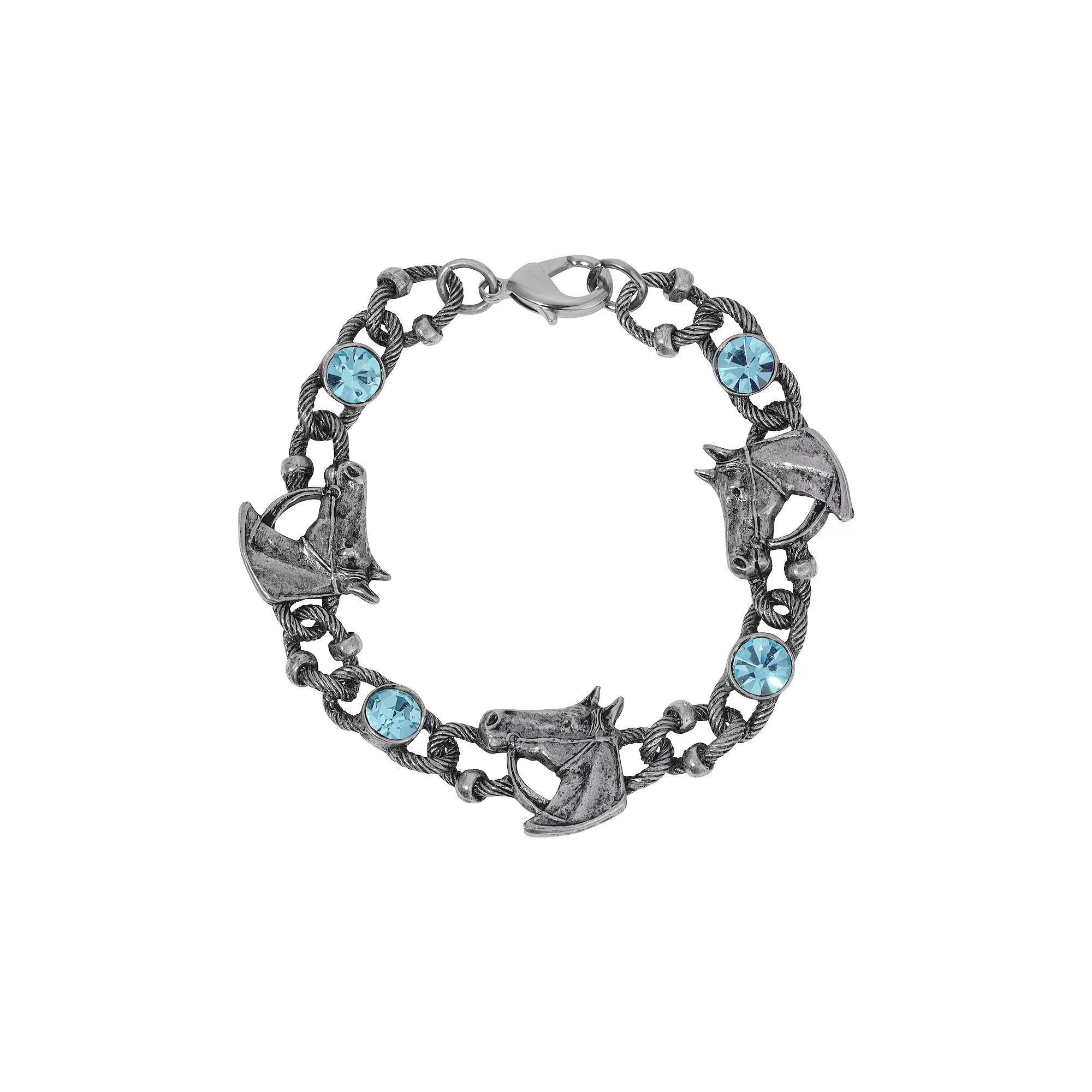 1928 Silver Tone Horse & Blue Glass Crystal Stones Bracelet, Womens Product Image