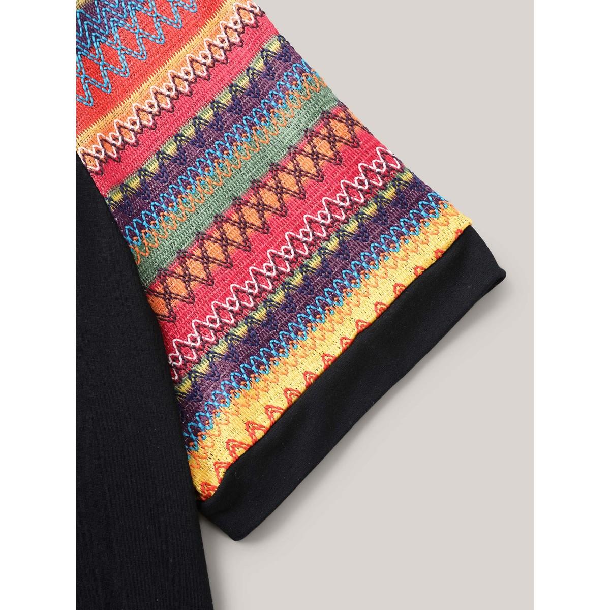 Plus Size Multi-Color Striped Sleeve Spliced T-Shirt Black Women Playful Contrast Round Neck Casual T-shirts BloomChic 30/6X Product Image