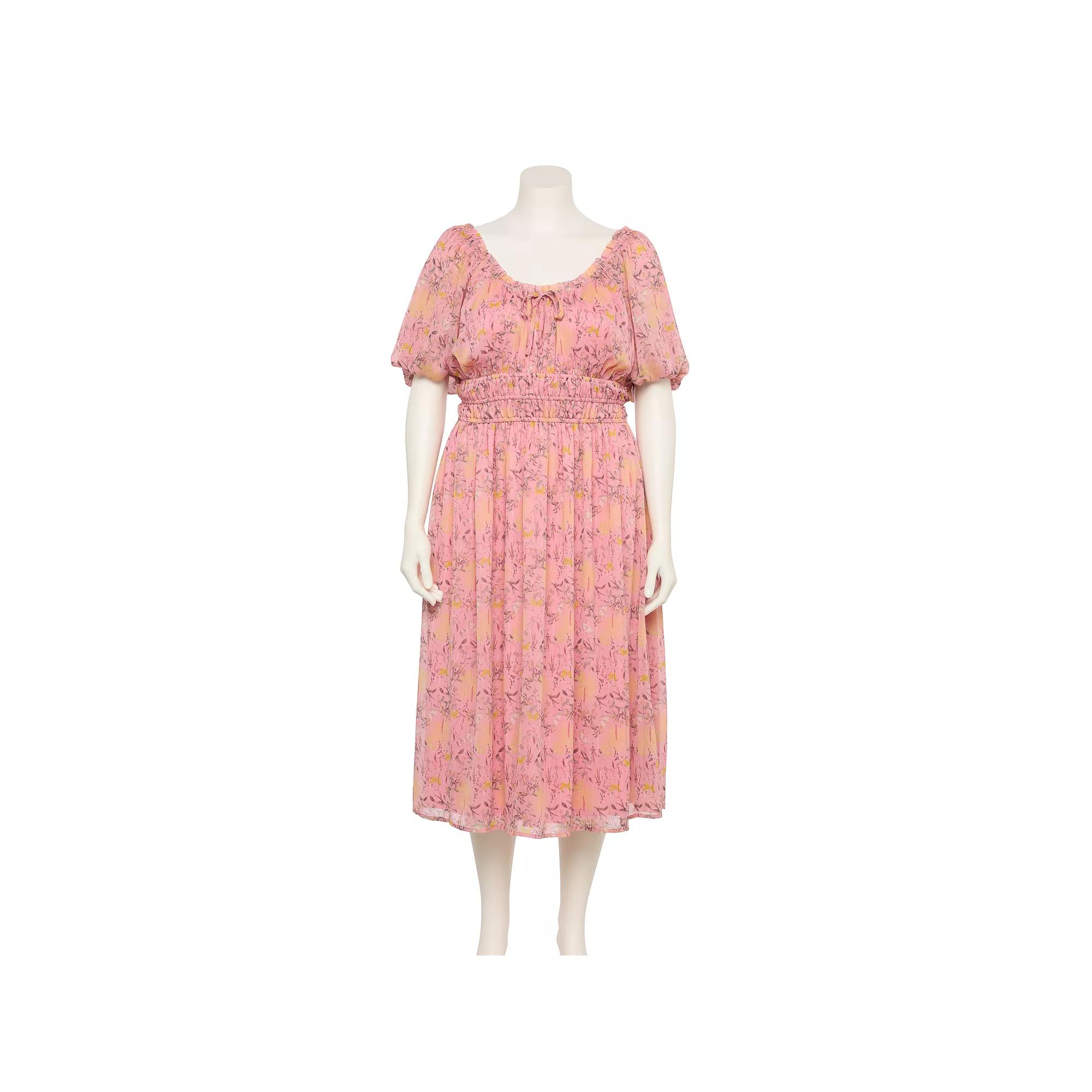 Plus Size LC Lauren Conrad Shirred Bodice Tea Length Dress, Women's, Size: 1XL, Pink Botanica Product Image