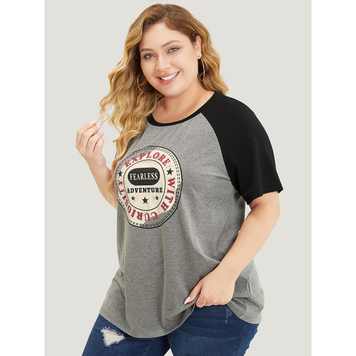 Plus Size Graphic Print Contrast Raglan Sleeve T-shirt Gray Women Casual Contrast Area Dailywear T-shirts BloomChic 30/6X Product Image