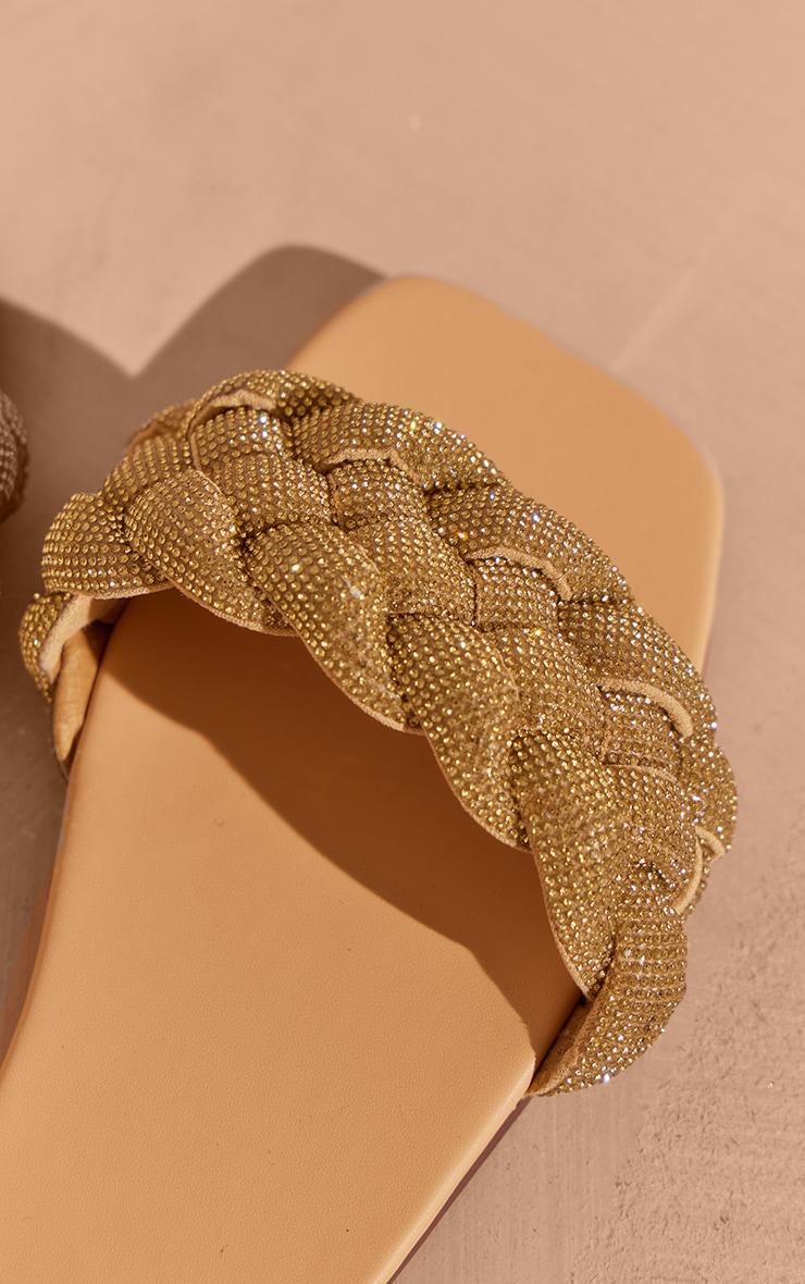 Gold PU Square Toe Diamante Strap Slip On Flat Sandals Product Image