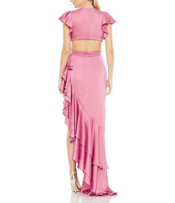 Mac Duggal Asymmetrical Layered Ruffle Hem Surplice V-Neck Cap Sleeve Cut Out Side Open Back Gown Product Image