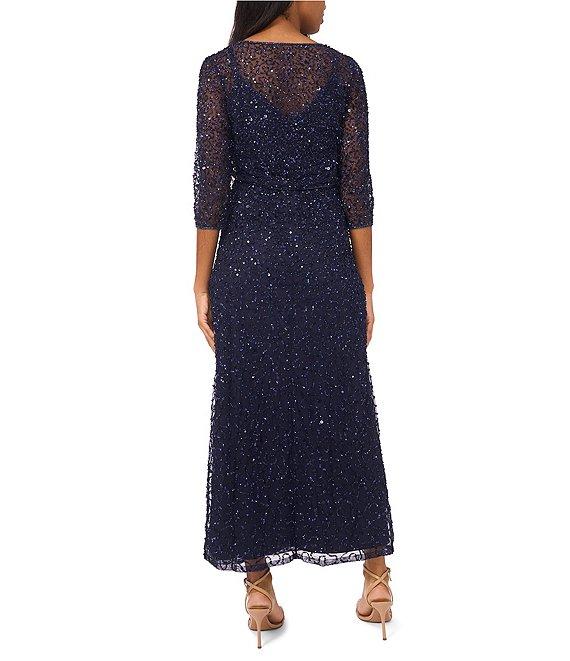 Pisarro Nights Beaded Mesh V-Neck 3/4 Sleeves A-Line 2-Piece Jacket Dress Product Image