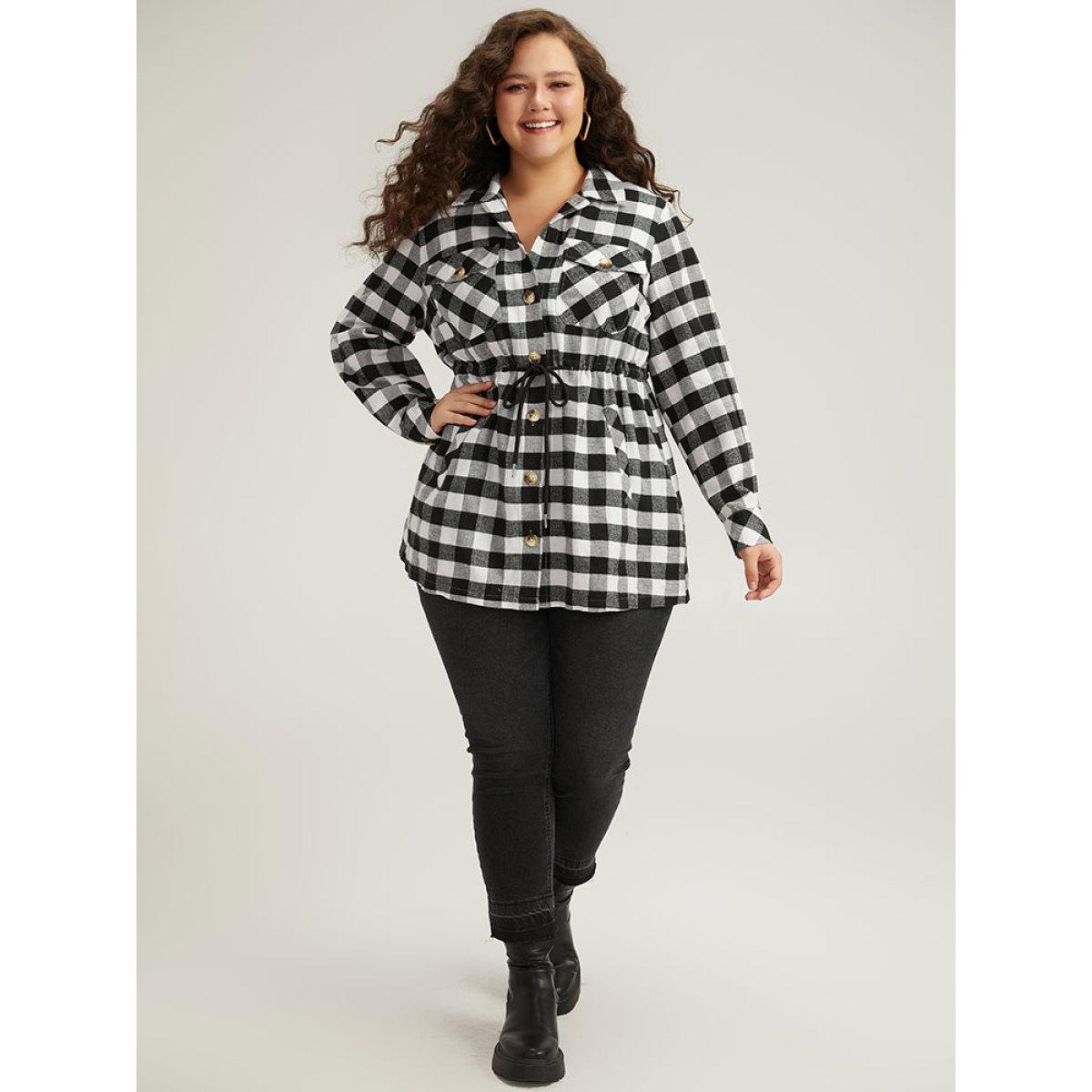 Plus Size Halloween Plaid Drawstring Pocket Button Through Coat Women Black Drawstring Pocket Dailywear Jackets BloomChic 10/M Product Image