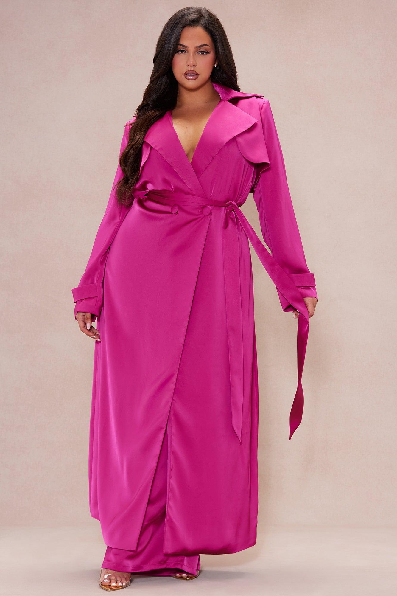 Gabriella Satin Trench Coat And Pant Set - Hot Pink Product Image