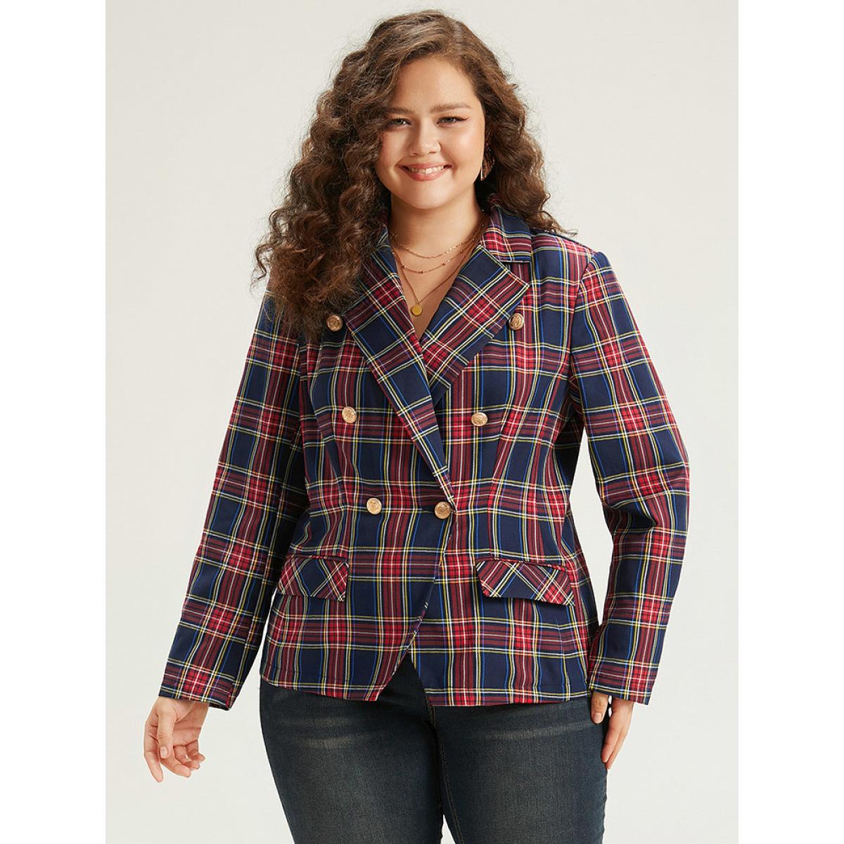 Plus Size Plaid Metal Detail Pocket Blazer Multicolor Women Dailywear Plaid Button Sleeve Long Sleeve Suit Collar 10/M Pocket Casual Blazers BloomChic Product Image