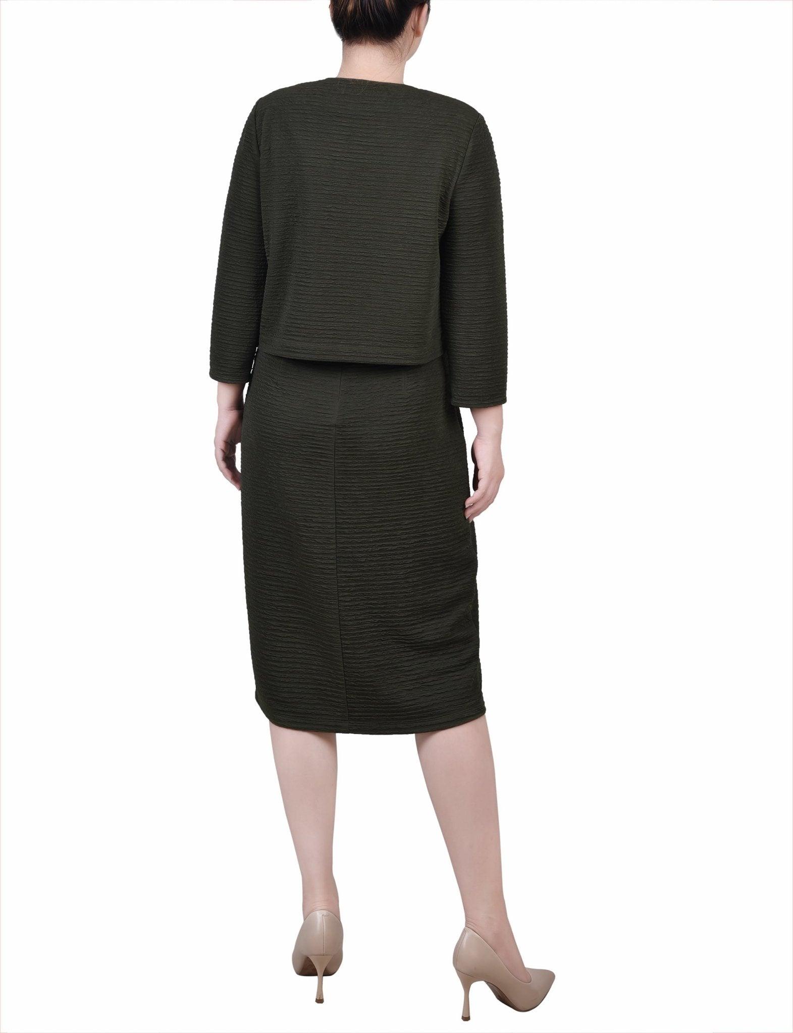 Olive Textured 3/4 Sleeve 2 Piece Dress Set Product Image