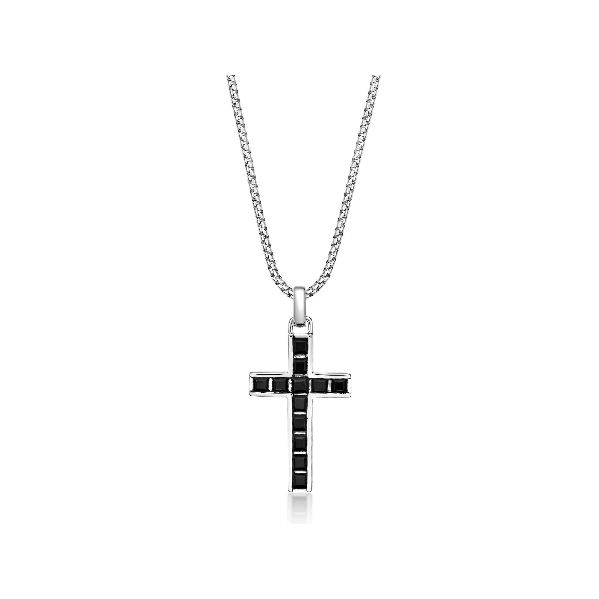 Mens LYNX Sterling Silver Onyx Cross Pendant Necklace Product Image
