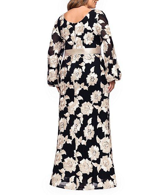Betsy & Adam Plus Size Soutache Floral Print Long Sleeve Ribbon Belt Gown Product Image
